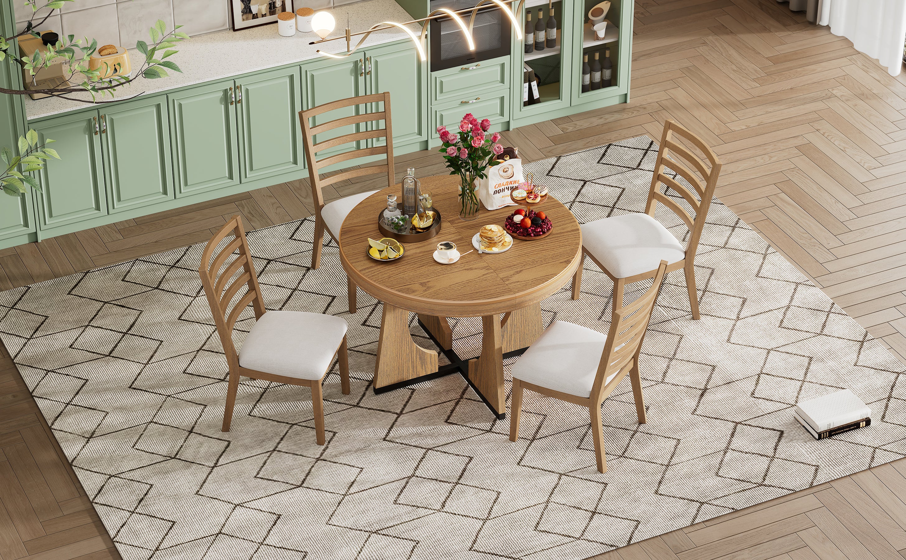 TREXM 5-Piece Retro Rustic Functional Dining Set Unique Geometric Design, 1 Extendable Table with a 16-inch Leaf and 4 Upholstered Chairs Ideal for Dining Room and Kitchen (Natural) - Abrihome