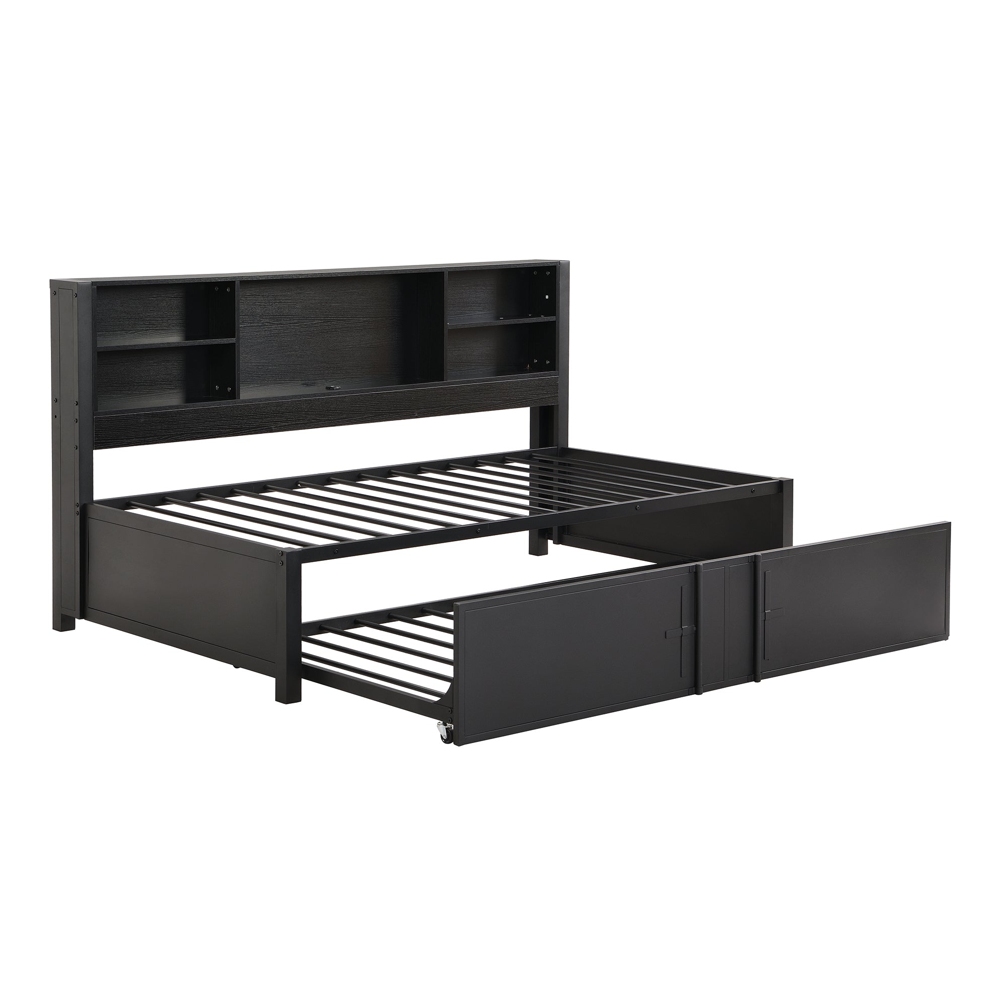 Metal Twin Size Daybed with Twin Size Trundle, Storage Shelves and USB Ports, Black - Abrihome