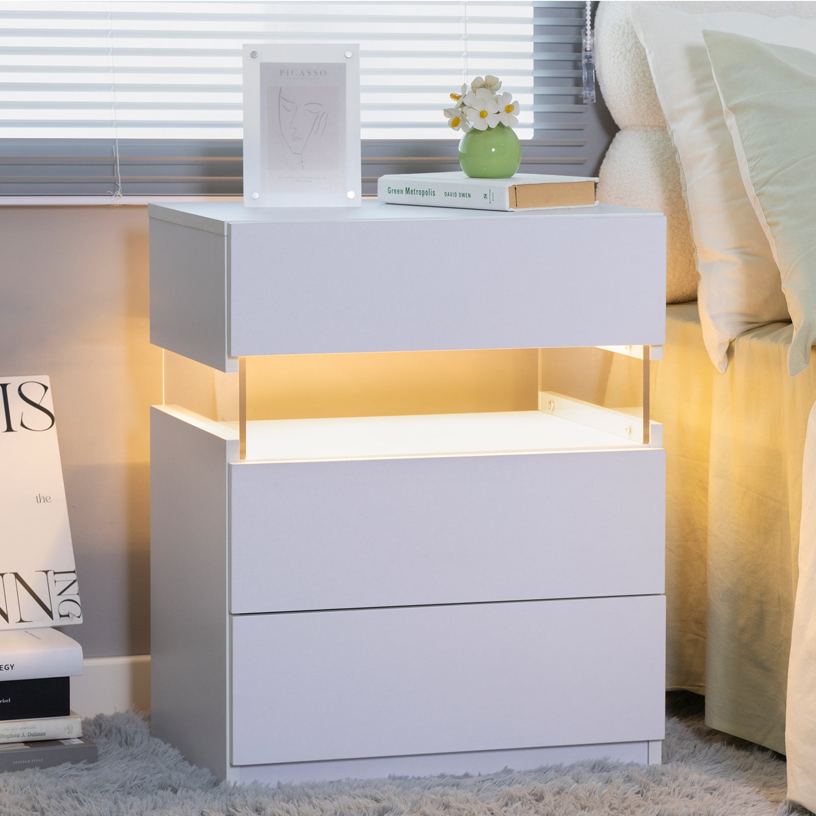 LED Nightstands 3 Drawer Dresser for Bedroom End Table with Acrylic Board LED Bedside Tables for Bedroom Living Room Bedside Furniture (White) - Abrihome