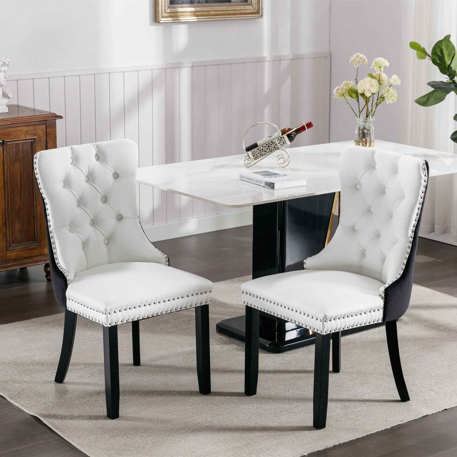 A&A Furniture,Nikki Collection Modern, High-end Tufted Solid Wood Contemporary PU and Velvet Upholstered Dining Chair with Wood Legs Nailhead Trim 2-Pcs Set,White+Black, SW2101WB
