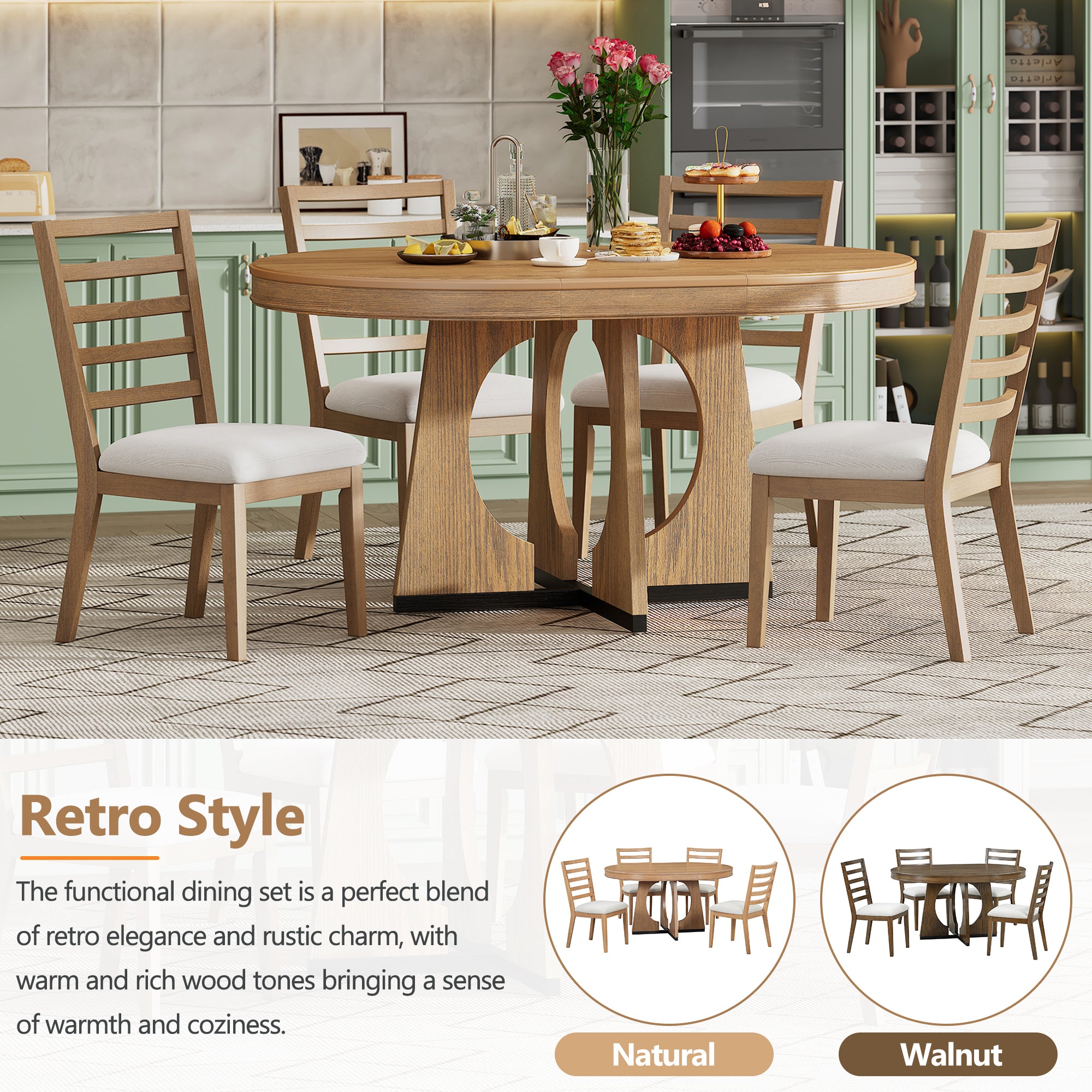 TREXM 5-Piece Retro Rustic Functional Dining Set Unique Geometric Design, 1 Extendable Table with a 16-inch Leaf and 4 Upholstered Chairs Ideal for Dining Room and Kitchen (Natural) - Abrihome