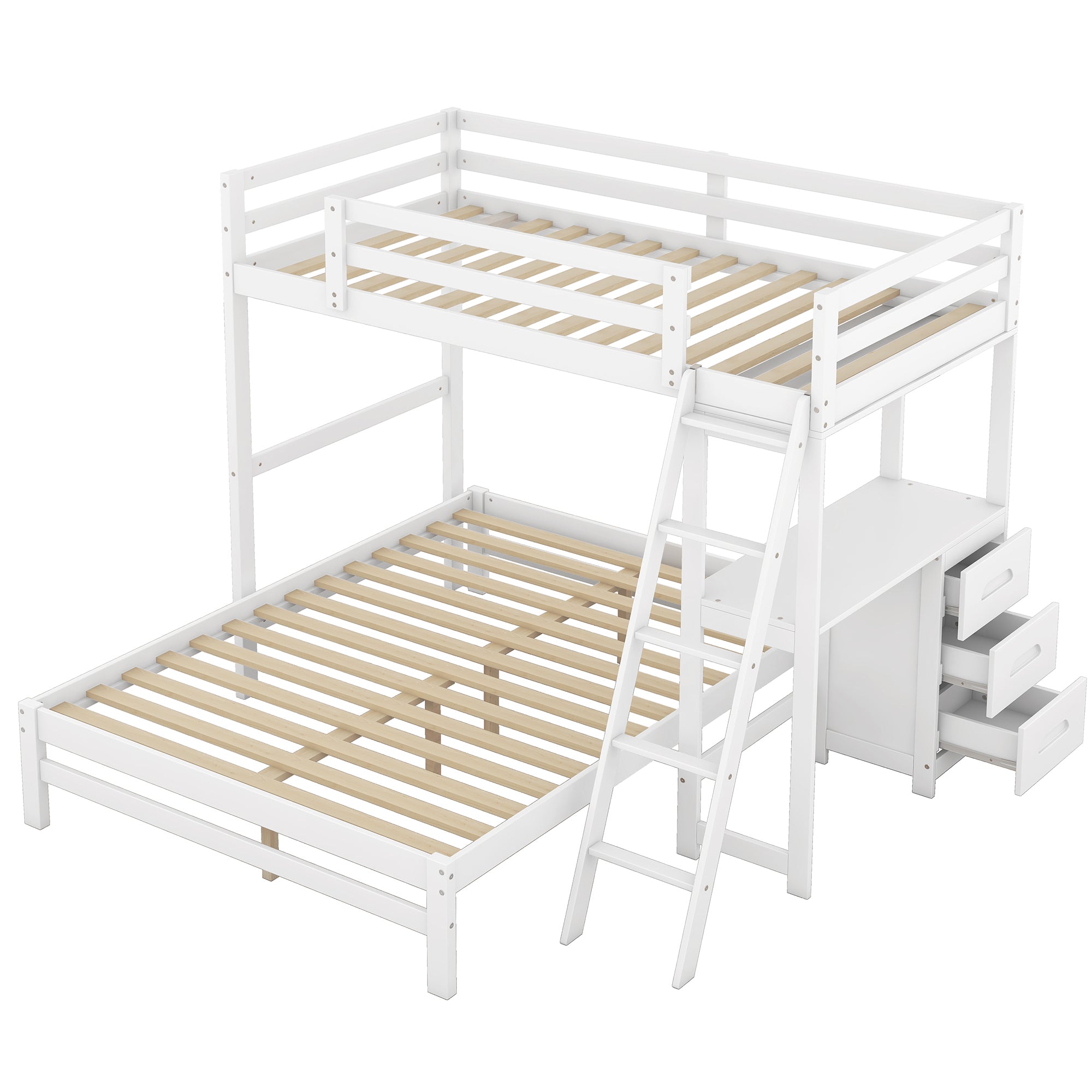 Twin over Full Bunk Bed with Built-in Desk and Three Drawers,White - Abrihome