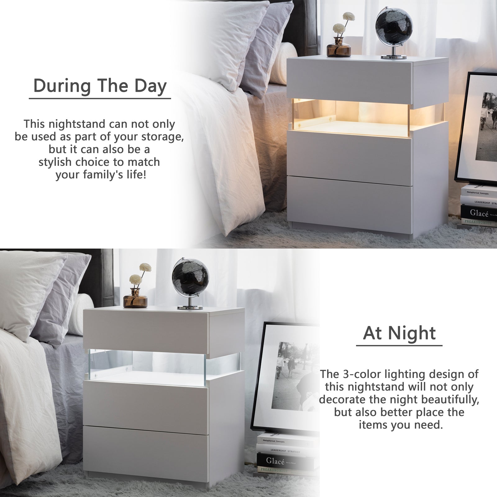 LED Nightstands 3 Drawer Dresser for Bedroom End Table with Acrylic Board LED Bedside Tables for Bedroom Living Room Bedside Furniture (White) - Abrihome