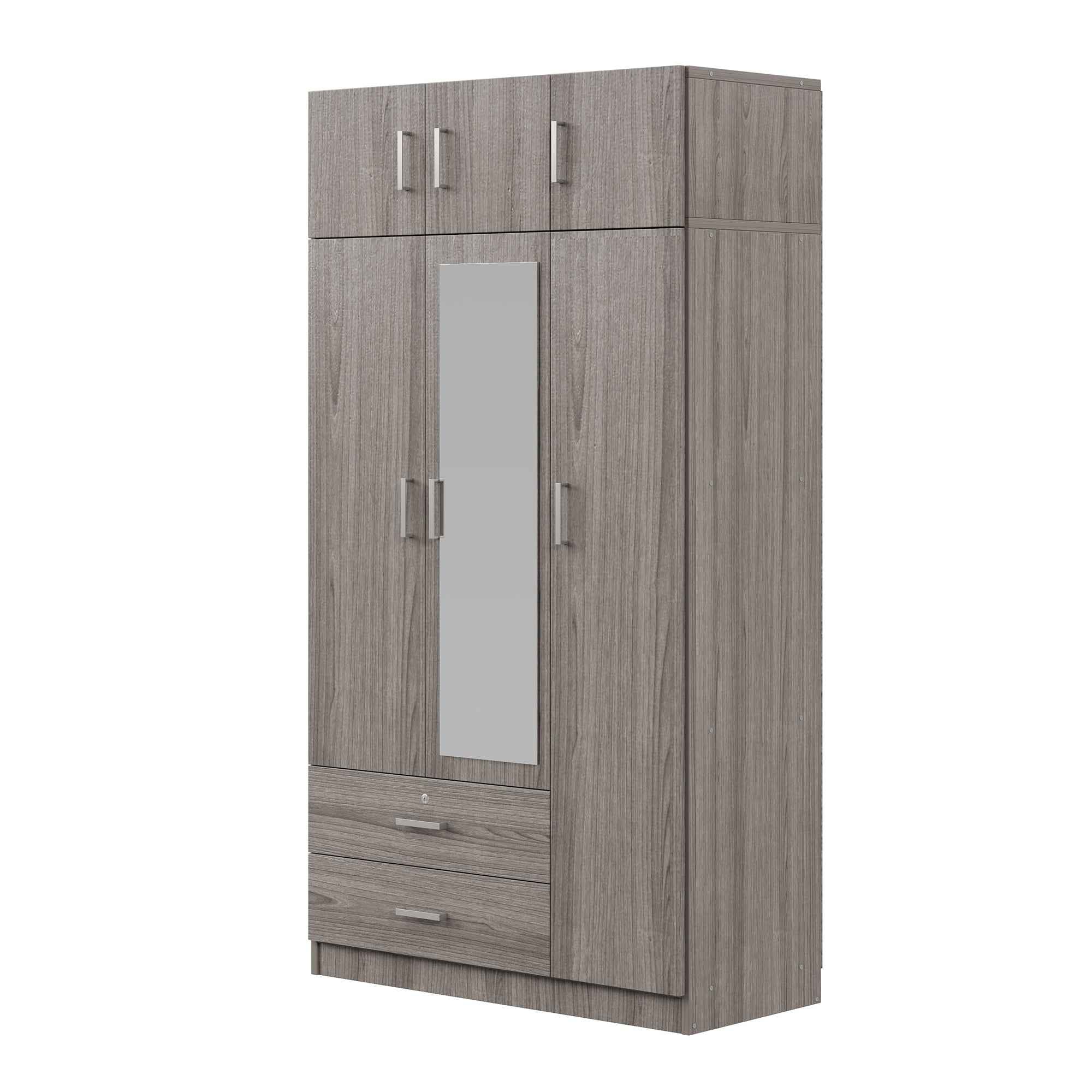 3-Door Mirror Wardrobe with 2 Drawers and Top Cabinet,Gray