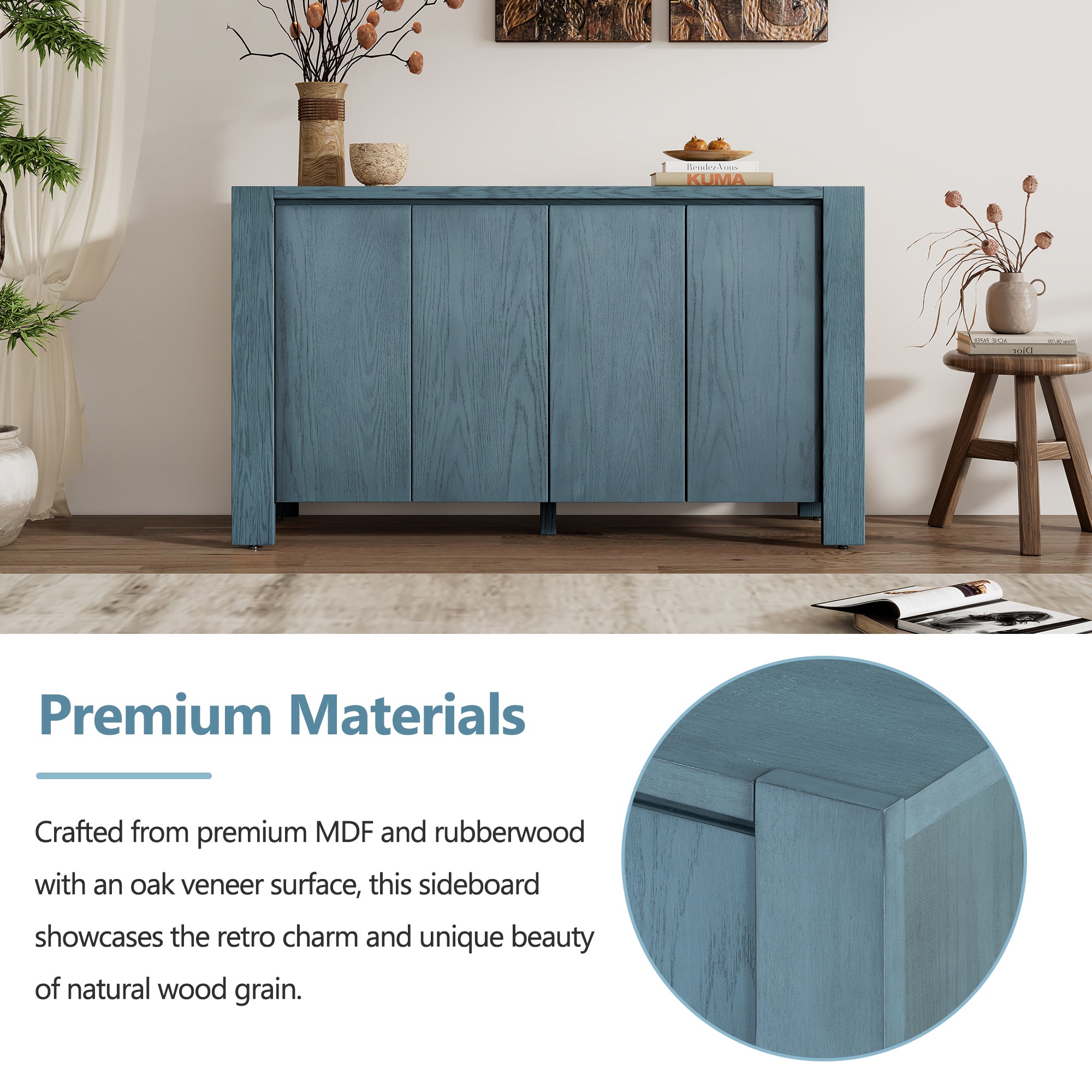 TREXM Retro 4-door Sideboard with Distressed Finish and Adjustable Shelves for Dining Room, Kitchen, and Living Room (Navy) - Abrihome