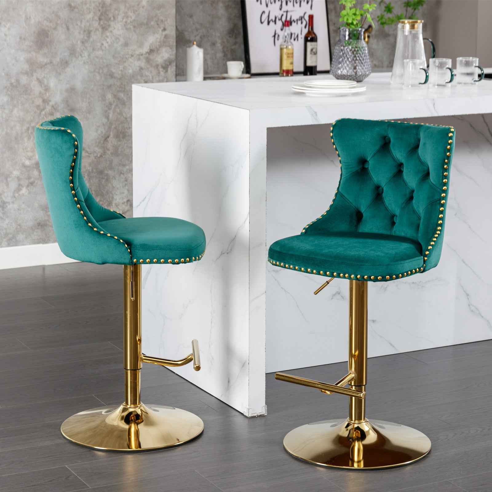 A&A Furniture,Golden Swivel Velvet Barstools Adjusatble Seat Height from 25-33 Inch, Modern Upholstered Bar Stools with Backs Comfortable Tufted for Home Pub and Kitchen Island(Green,Set of 2)