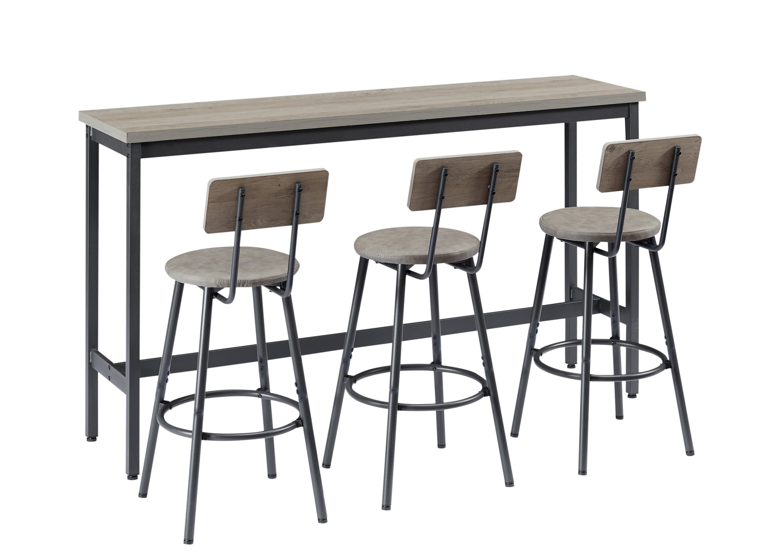 Long Bar Table Set with 3 PU Upholstered Bar Stools, Industrial Bar Table and Chairs for Kitchen Breakfast Table, Living Room, Banquet Hall, Rustic Gray and Black, 63″L x15.7"W x 37.5"H - Abrihome