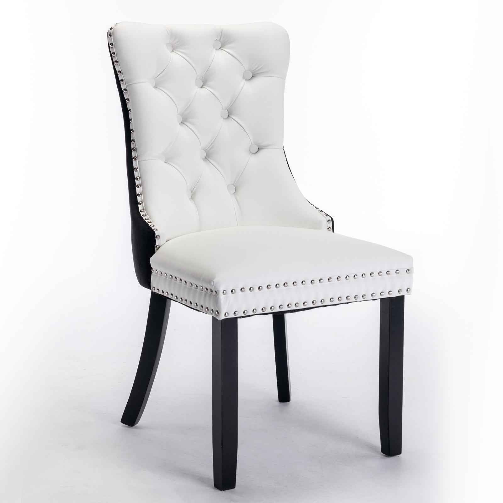 A&A Furniture,Nikki Collection Modern, High-end Tufted Solid Wood Contemporary PU and Velvet Upholstered Dining Chair with Wood Legs Nailhead Trim 2-Pcs Set,White+Black, SW2101WB