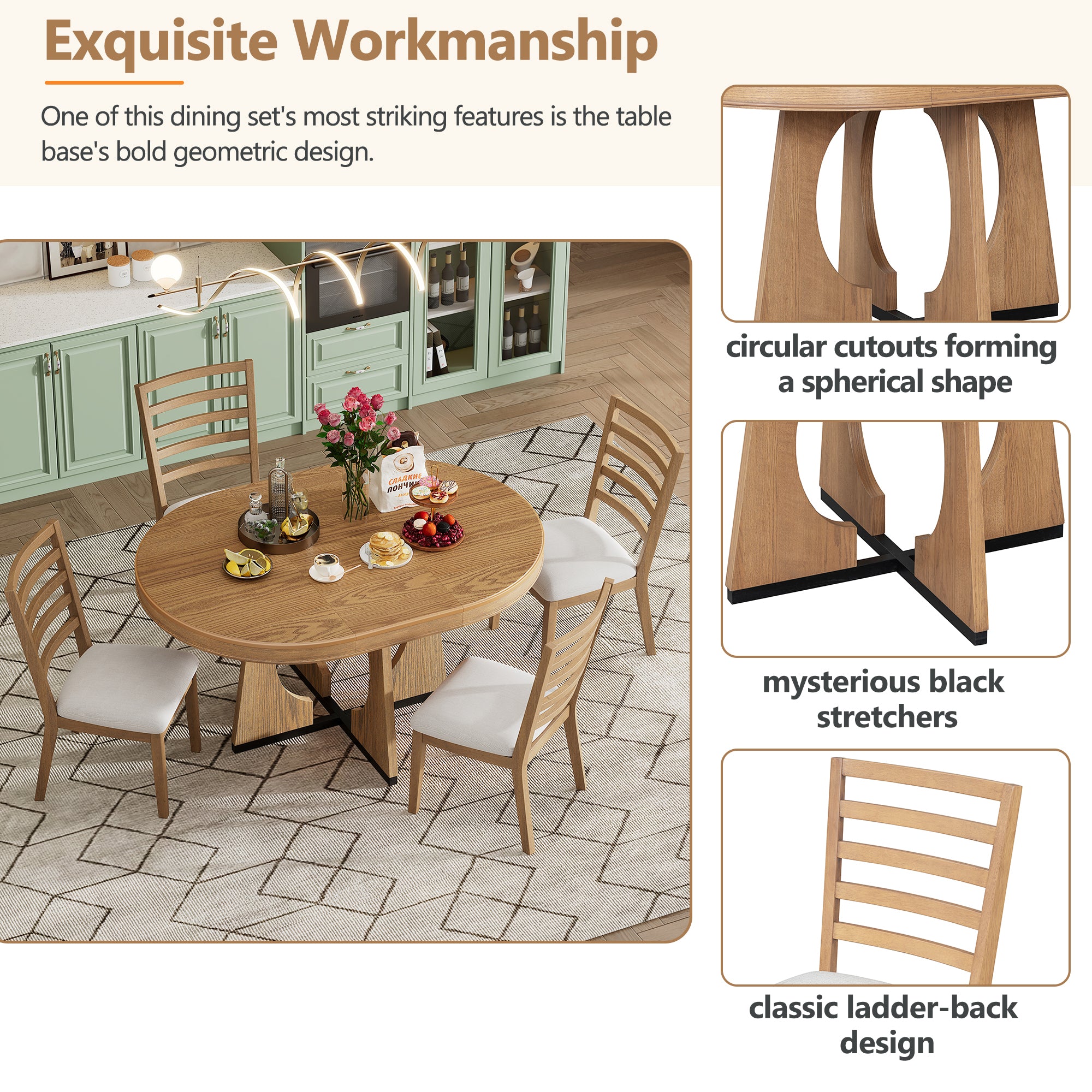 TREXM 5-Piece Retro Rustic Functional Dining Set Unique Geometric Design, 1 Extendable Table with a 16-inch Leaf and 4 Upholstered Chairs Ideal for Dining Room and Kitchen (Natural) - Abrihome