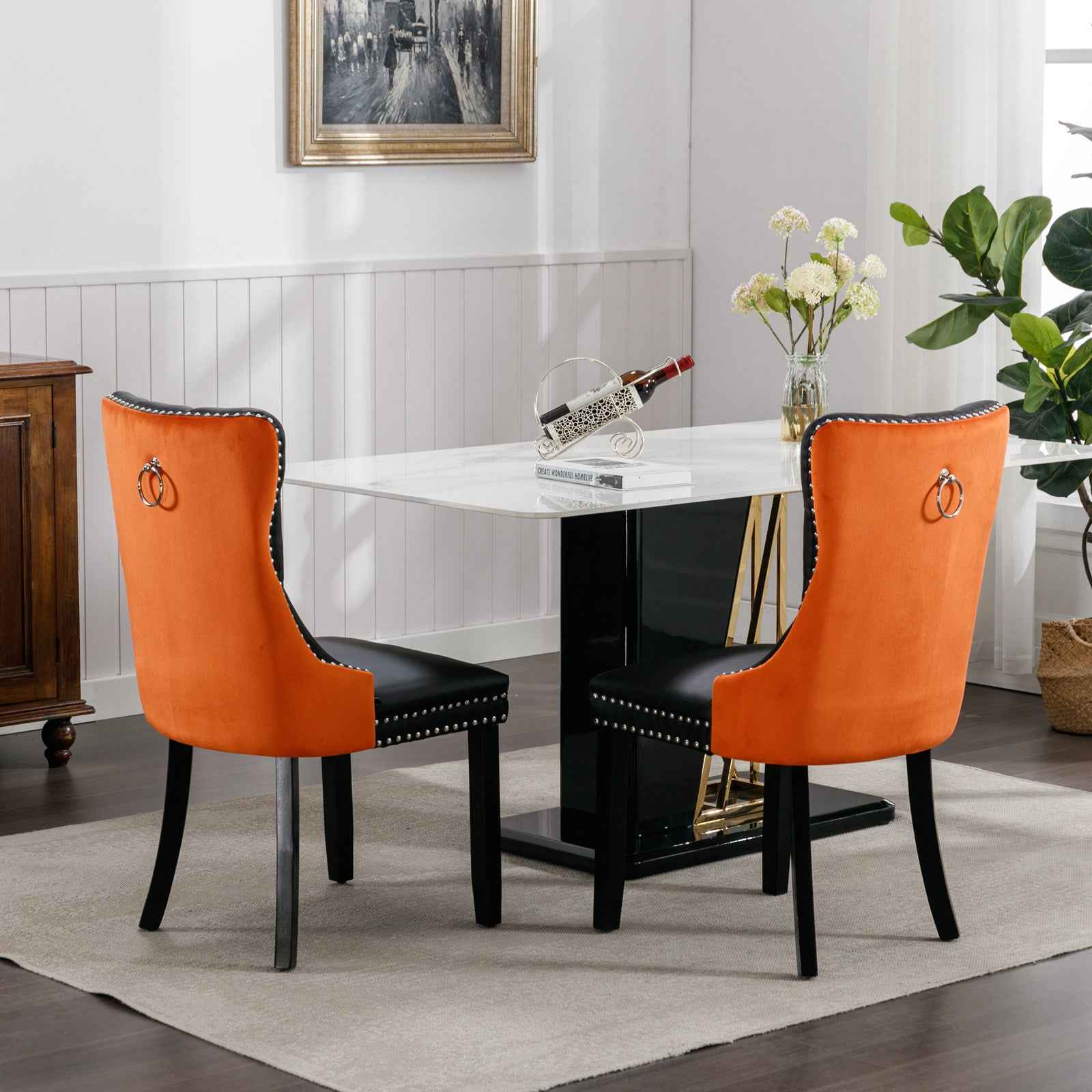 A&A Furniture,Nikki Collection Modern, High-end Tufted Solid Wood Contemporary PU and Velvet Upholstered Dining Chair with Wood Legs Nailhead Trim 2-Pcs Set,Black+Orange, SW2101BO