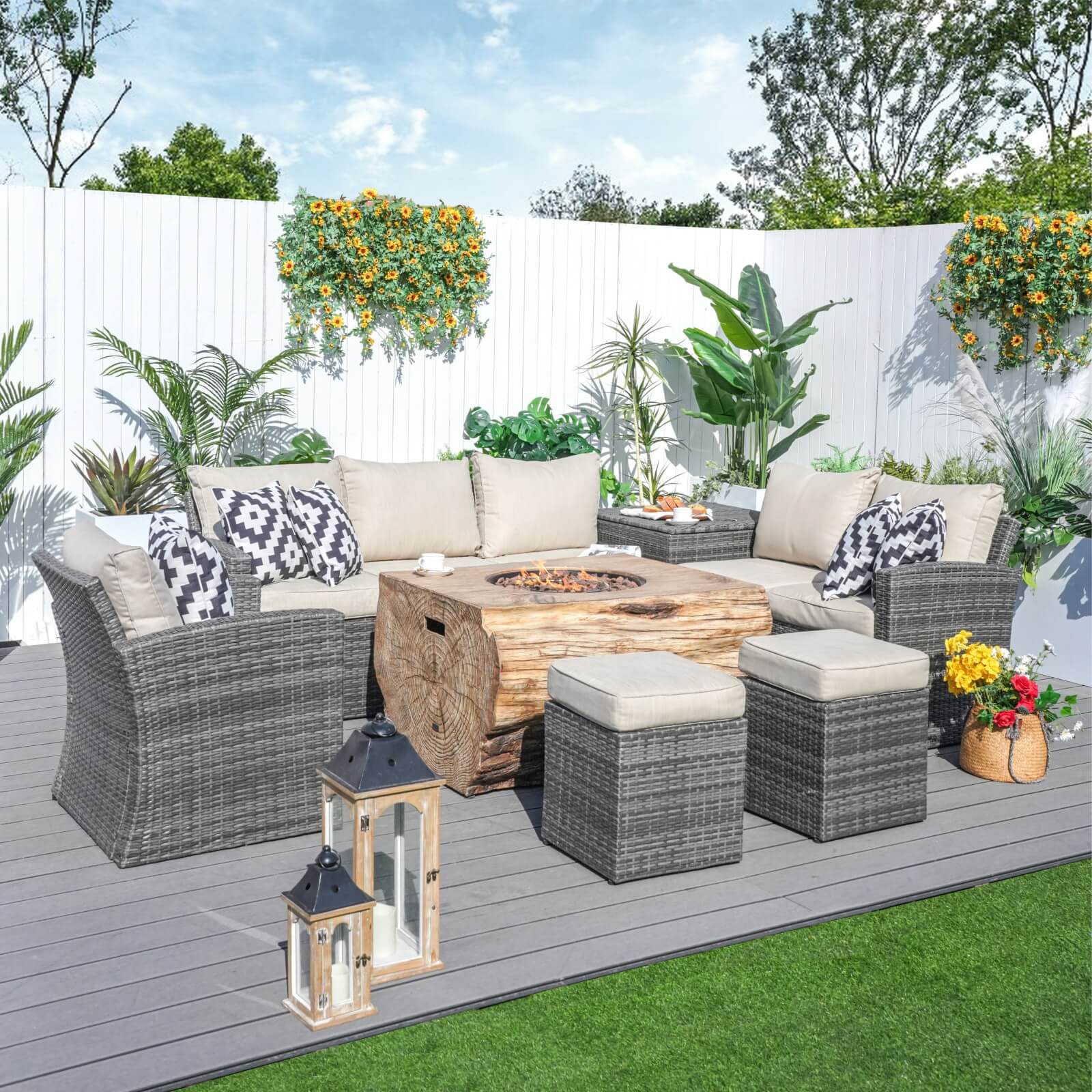 7-Piece Outdoor Fire Pit Set with TerraFlame Rectangle Table(PAG-1403B+2170) - Abrihome