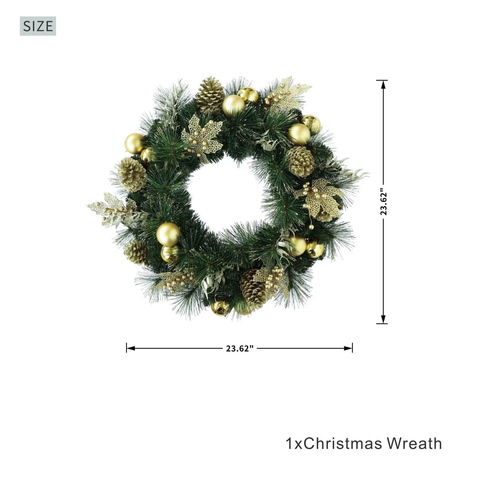 Artificial Christmas Wreath with Gold Accents – Pre-Lit or Unlit Options(PJW-2510) - Abrihome