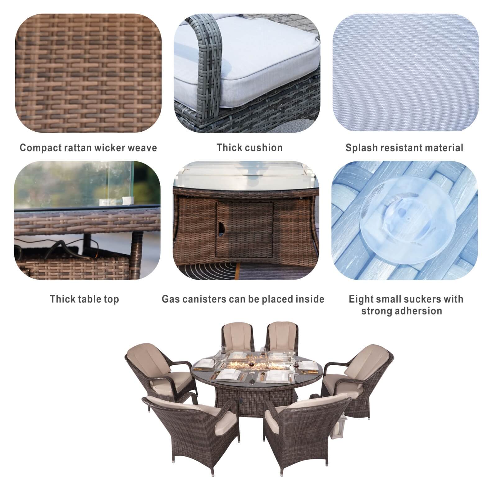 6-Seat Brown Outdoor Fire Pit Dining Set with Oval Gas Fire Pit Table(PAG-1106O-SET) - Abrihome