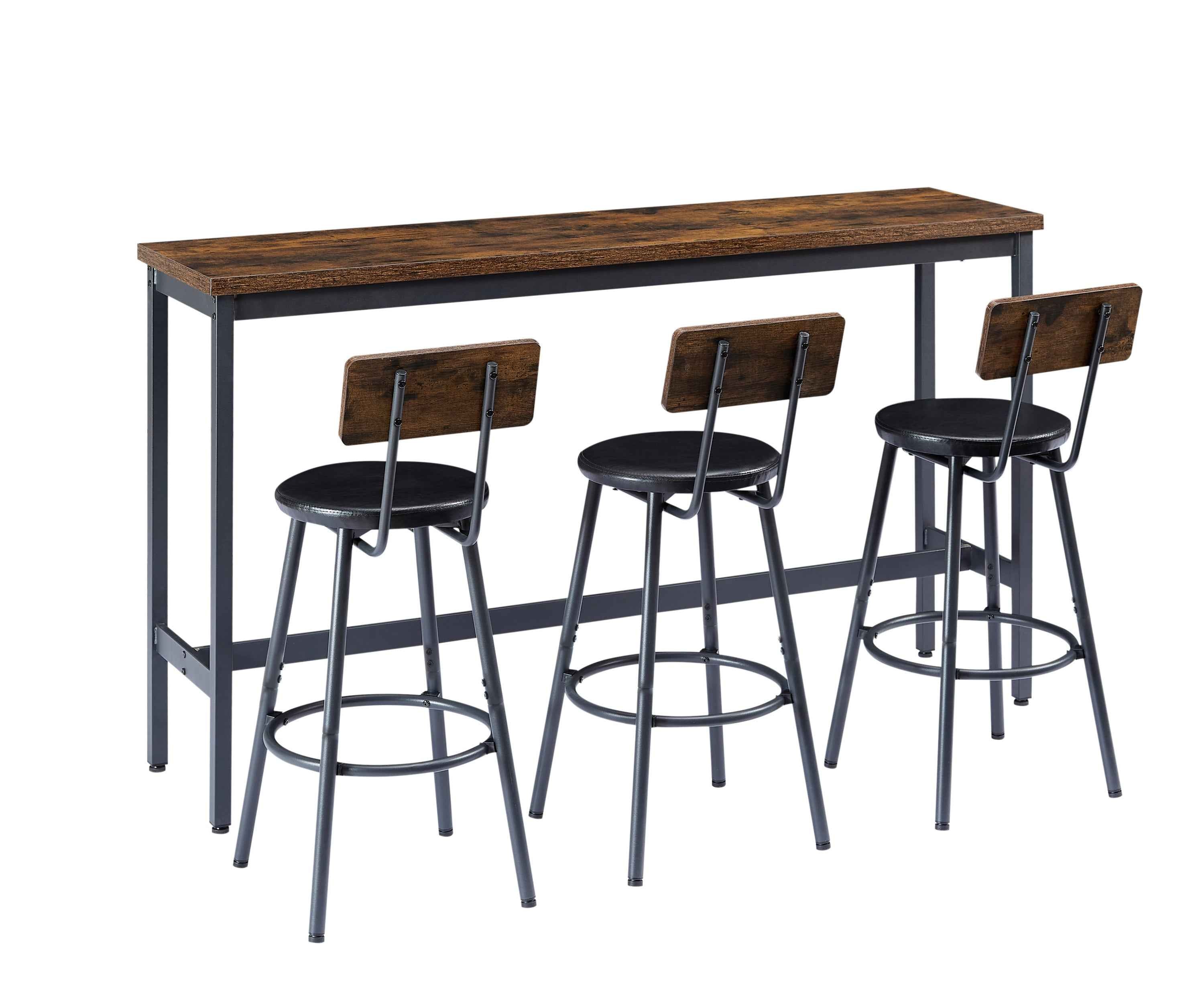 Long Bar Table Set with 3 PU Upholstered Bar Stools, Industrial Bar Table and Chairs for Kitchen Breakfast Table, Living Room, Banquet Hall, Rustic Brown and Black, 63″L x15.7"W x 37.5"H
