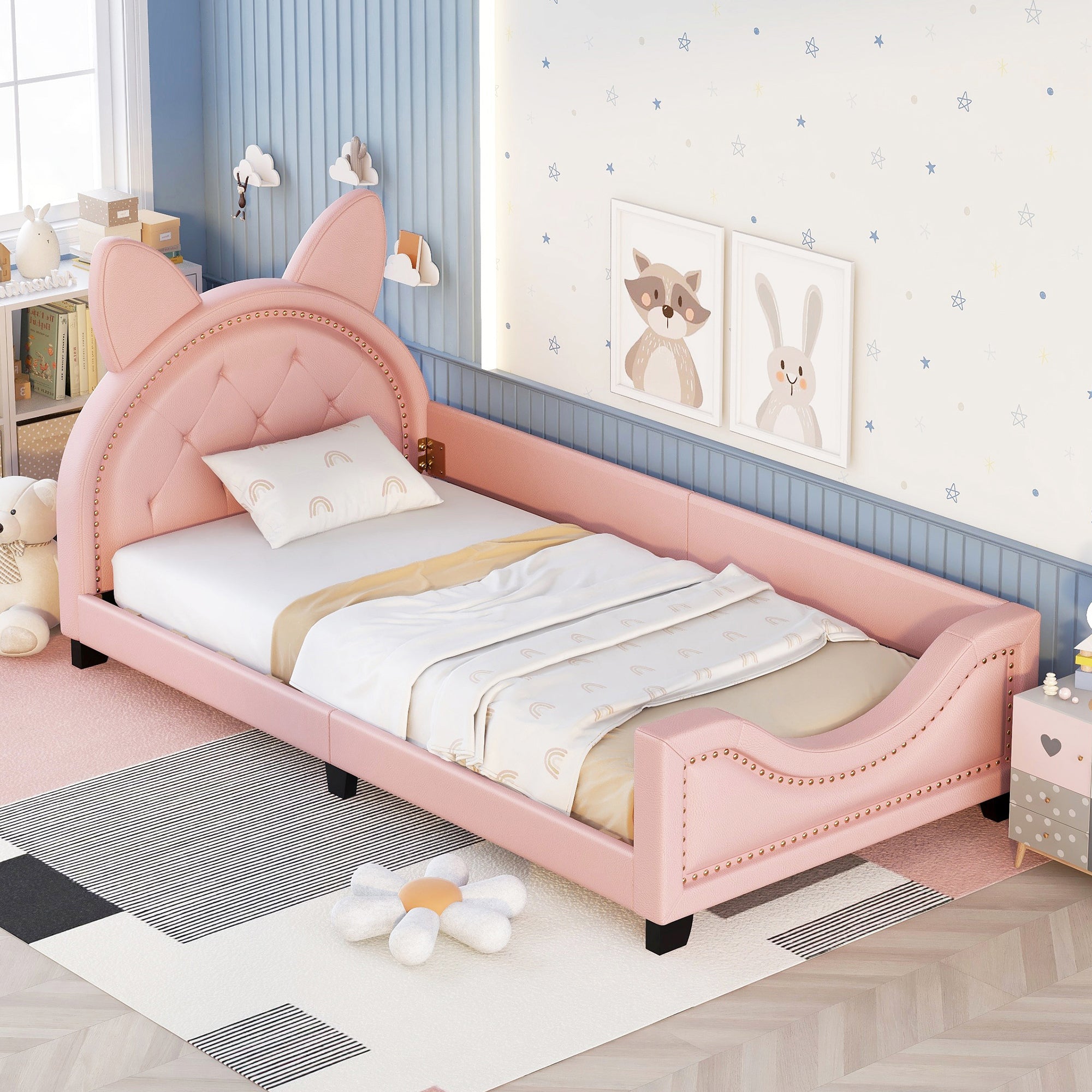 Twin Size Upholstered Daybed with Carton Ears Shaped Headboard, Pink - Abrihome
