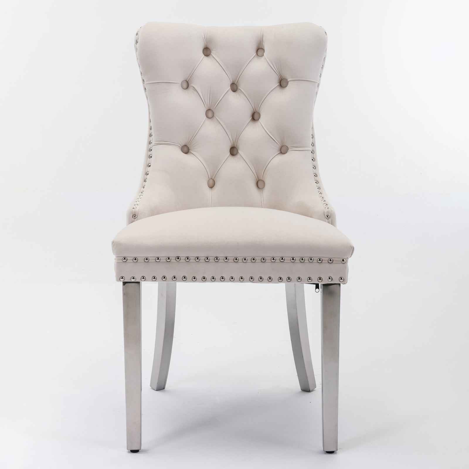 Nikki Collection Modern, High-end Tufted Solid Wood Contemporary Velvet Upholstered Dining Chair with Chrome Stainless Steel Plating Legs,Nailhead Trim,Set of 2,Beige and Chrome, SW1701BG