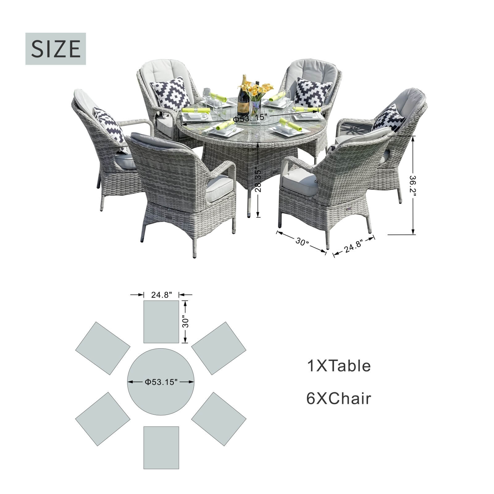 6-Seat Garden Dining Set – Round Table with Tempered Glass Turntable(PAD-1711) - Abrihome