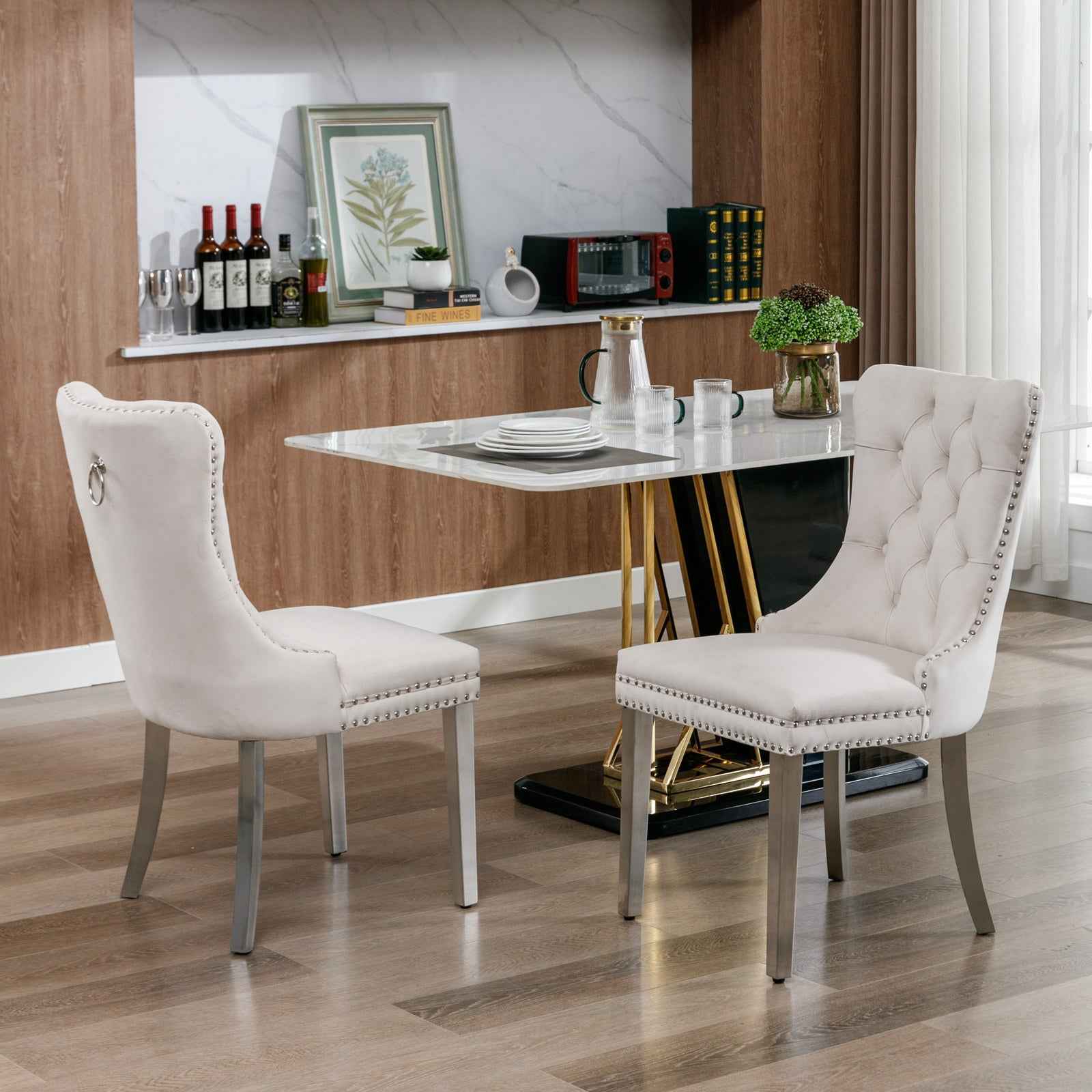 Nikki Collection Modern, High-end Tufted Solid Wood Contemporary Velvet Upholstered Dining Chair with Chrome Stainless Steel Plating Legs,Nailhead Trim,Set of 2,Beige and Chrome, SW1701BG