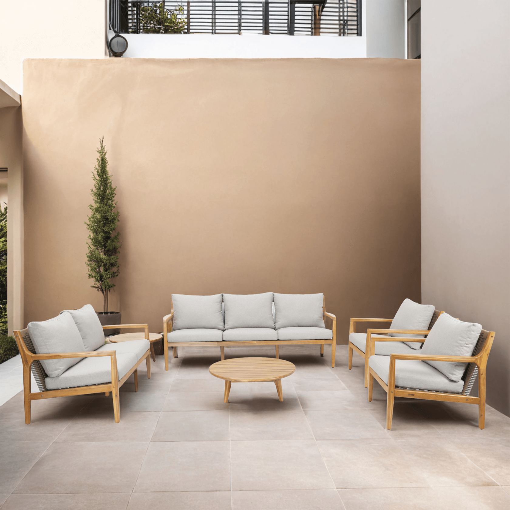 Natural Acacia Wood Outdoor Seating Set – 6-Piece Rustic Patio Sofa & Table Collection(PAS-2513-3SC+2SC+SC*2+TA+ST) - Abrihome