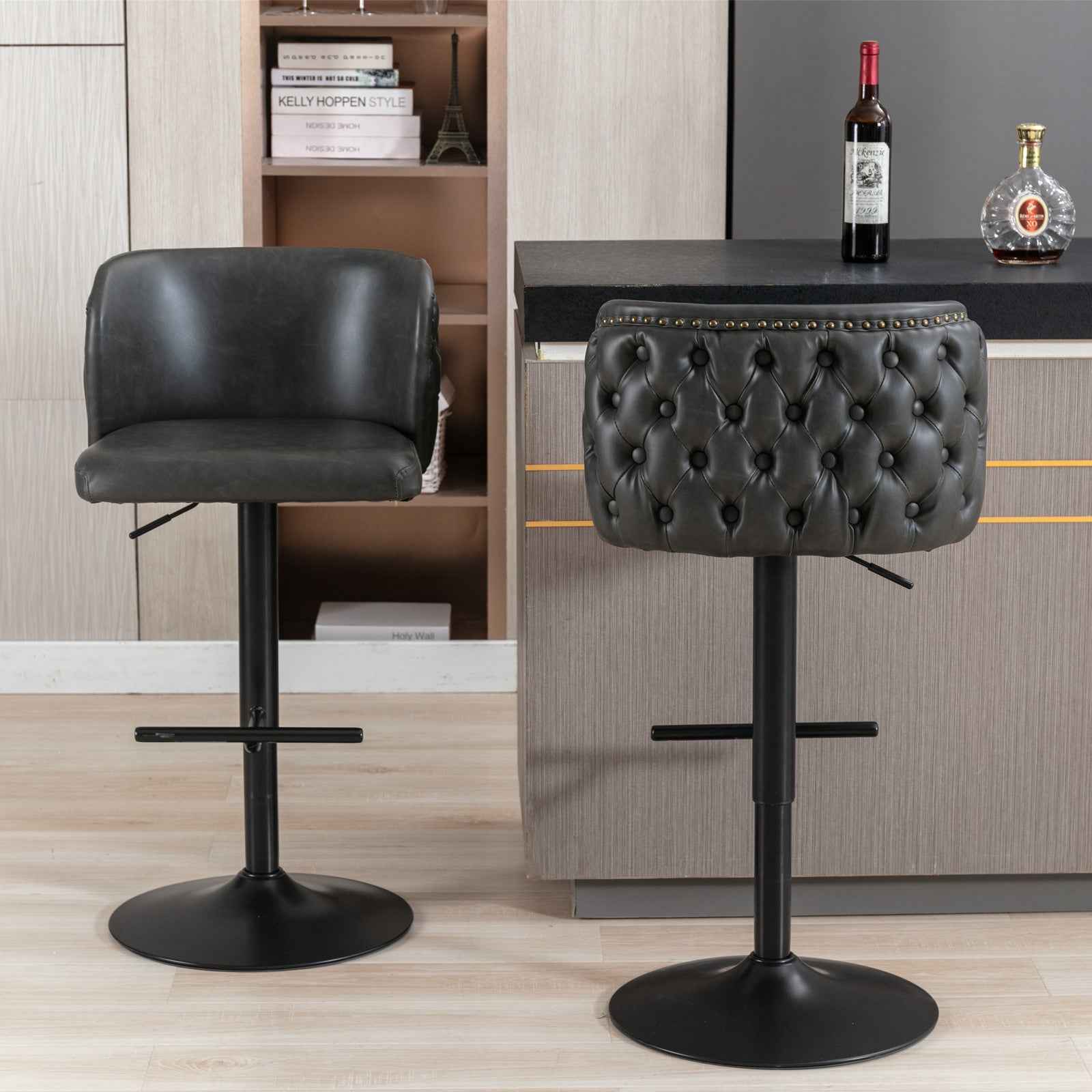 A&A Furniture,Swivel Barstools Adjusatble Seat Height, Modern PU Upholstered Bar Stools with the whole Back Tufted, for Home Pub and Kitchen Island(Dark Gray, Set of 2)