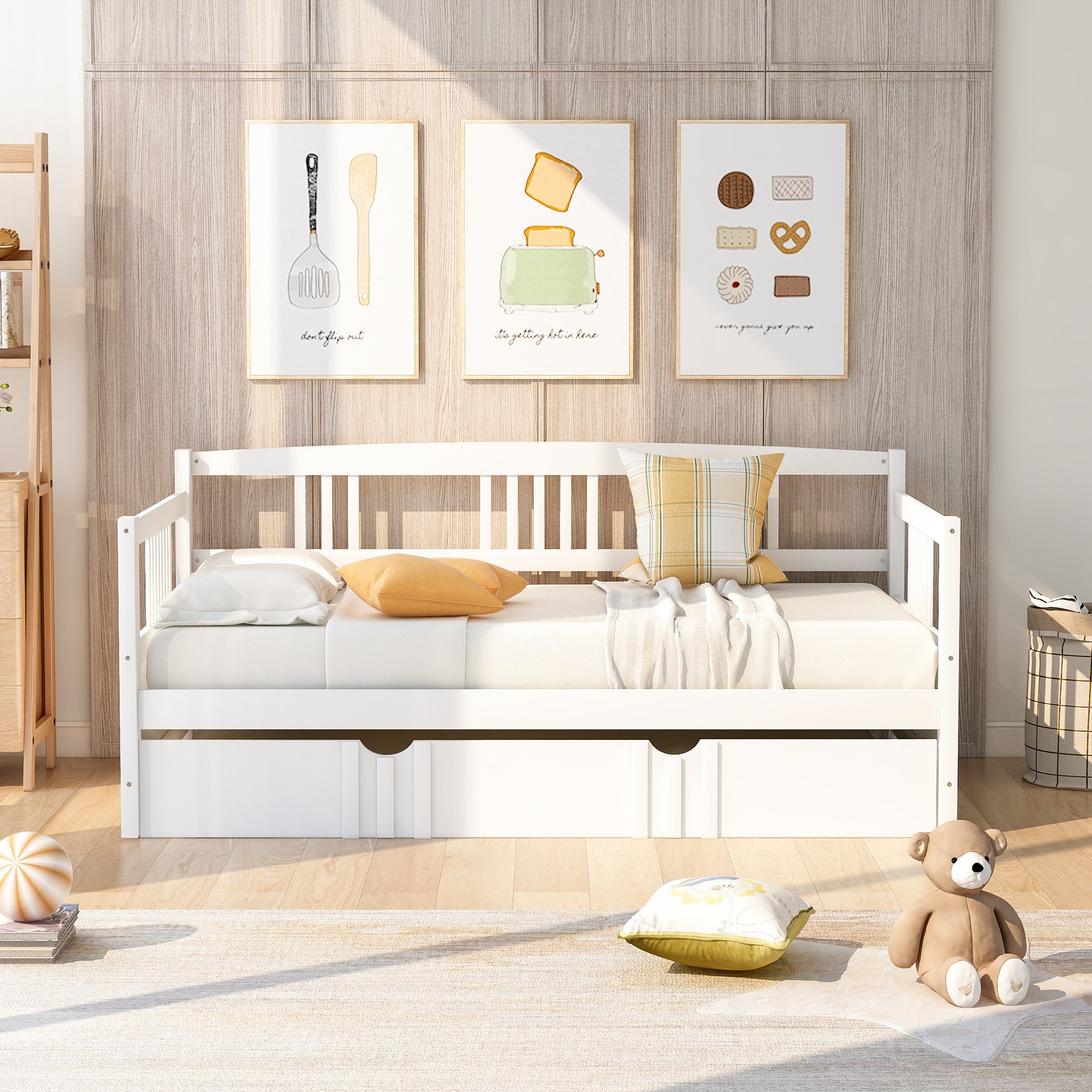 Twin Size Daybed Wood Bed with Twin Size Trundle,White - Abrihome