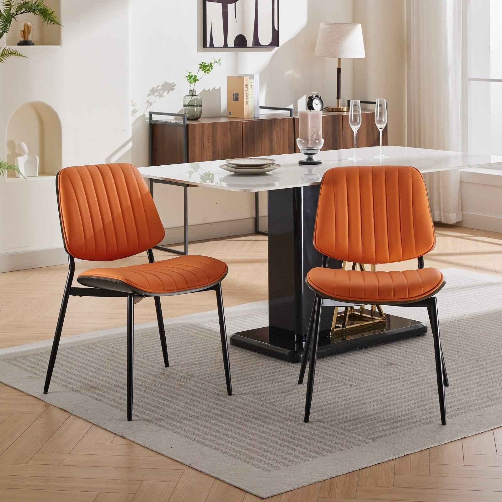 A&A Furniture, Dining Chairs Set of 2 Mid Century Modern Retro Faux Leather Chair with Walnut Bentwood Back Upholstered Seat Metal Legs Adjustable Foot for Kitchen Dining Room Chairs(Orange PU)