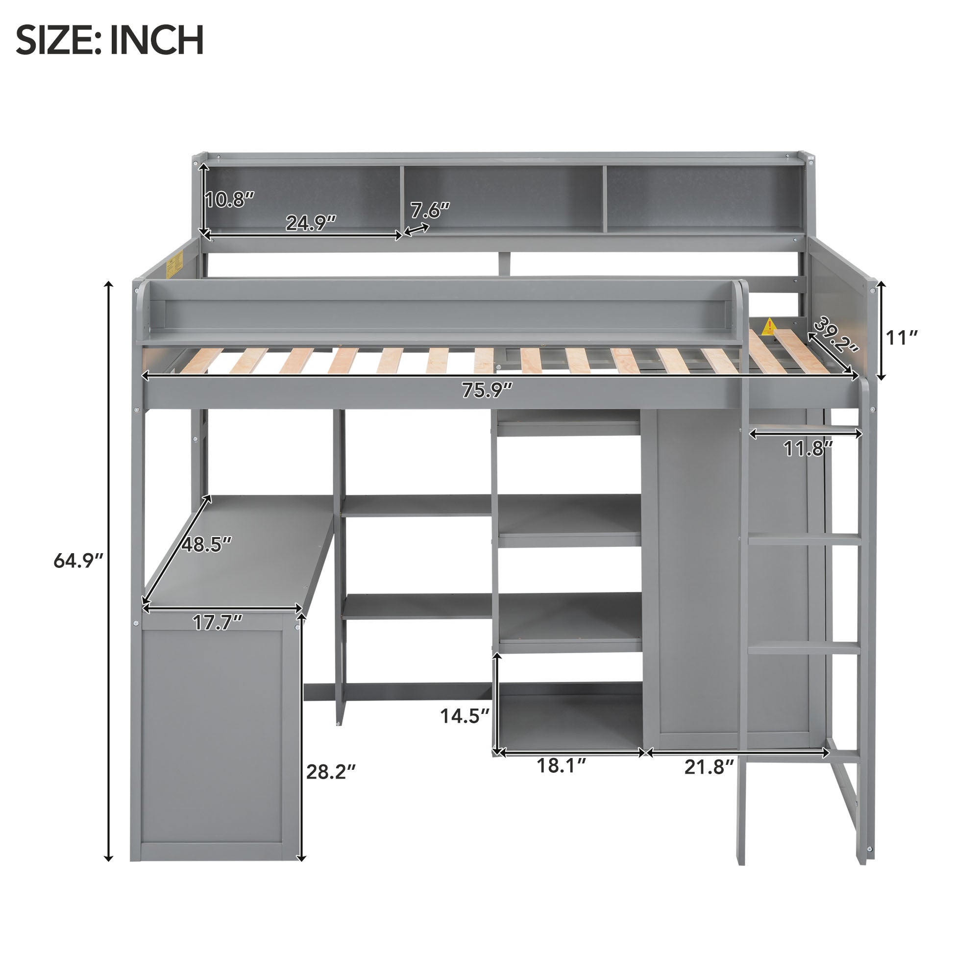 Wood Twin Size Loft bed with Multiple Storage Shelves and Wardrobe, Gray - Abrihome
