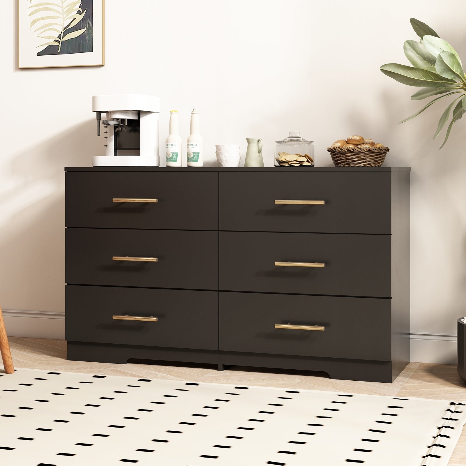 Black color Large 6 drawers chest of drawer dressers table with golden handle - Abrihome