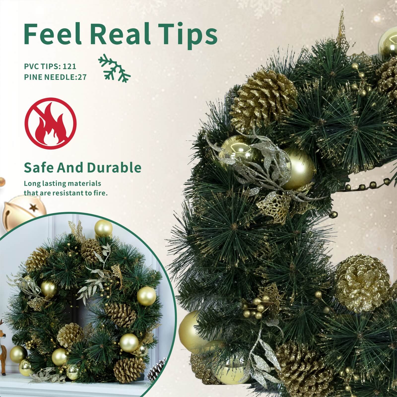 Artificial Christmas Wreath with Gold Accents – Pre-Lit or Unlit Options(PJW-2510) - Abrihome