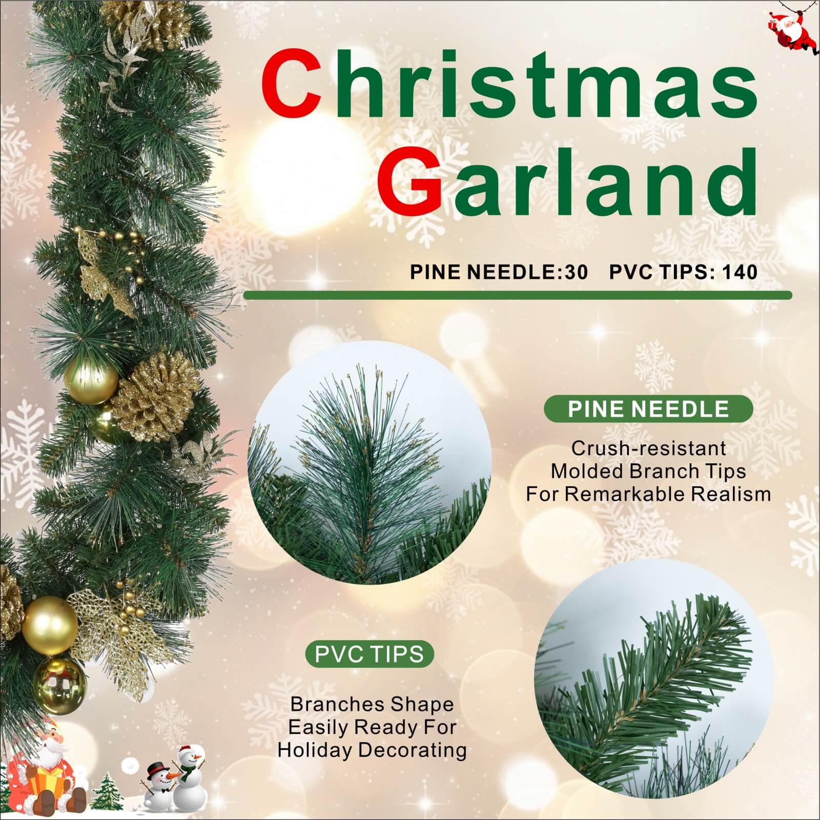 Holiday Pine Garland with Gold Details & Warm White LEDs(PJG-2511) - Abrihome
