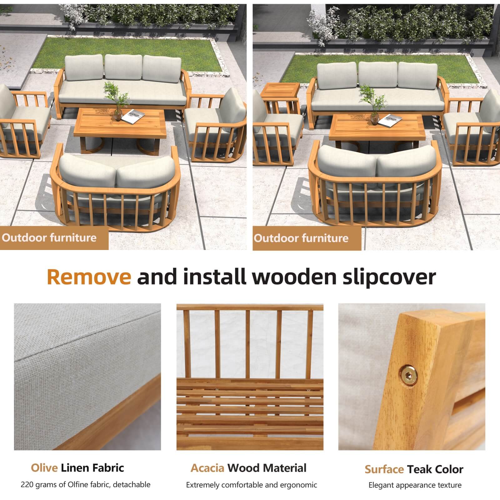 Stylish 5-Piece Acacia Wood Outdoor Sofa Set with Cushions(PAS-2521-19F-2SS+SS*2+TA+ST) - Abrihome