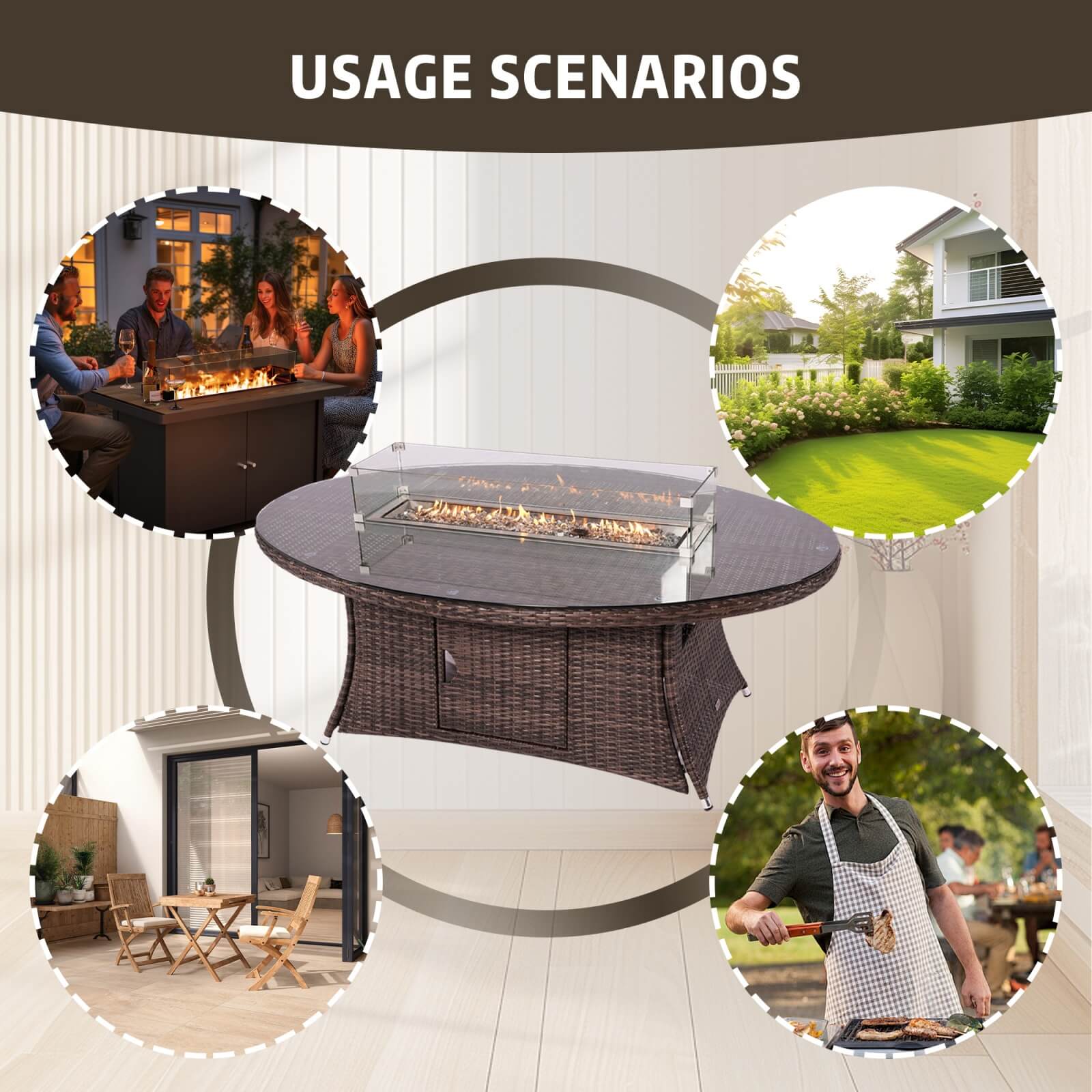 6-Seat Brown Outdoor Fire Pit Dining Set with Oval Gas Fire Pit Table(PAG-1106O-SET) - Abrihome