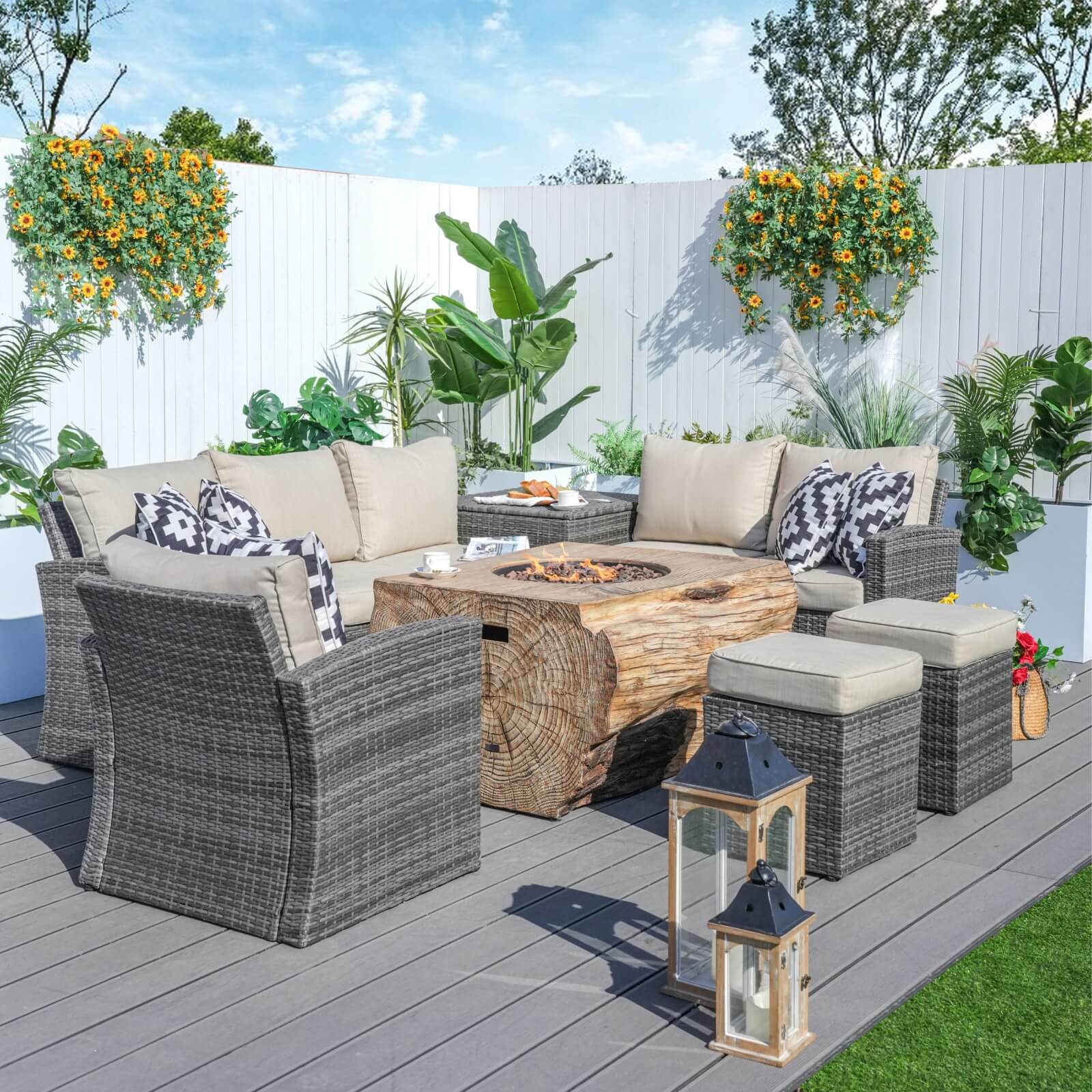 7-Piece Outdoor Fire Pit Set with TerraFlame Rectangle Table(PAG-1403B+2170) - Abrihome