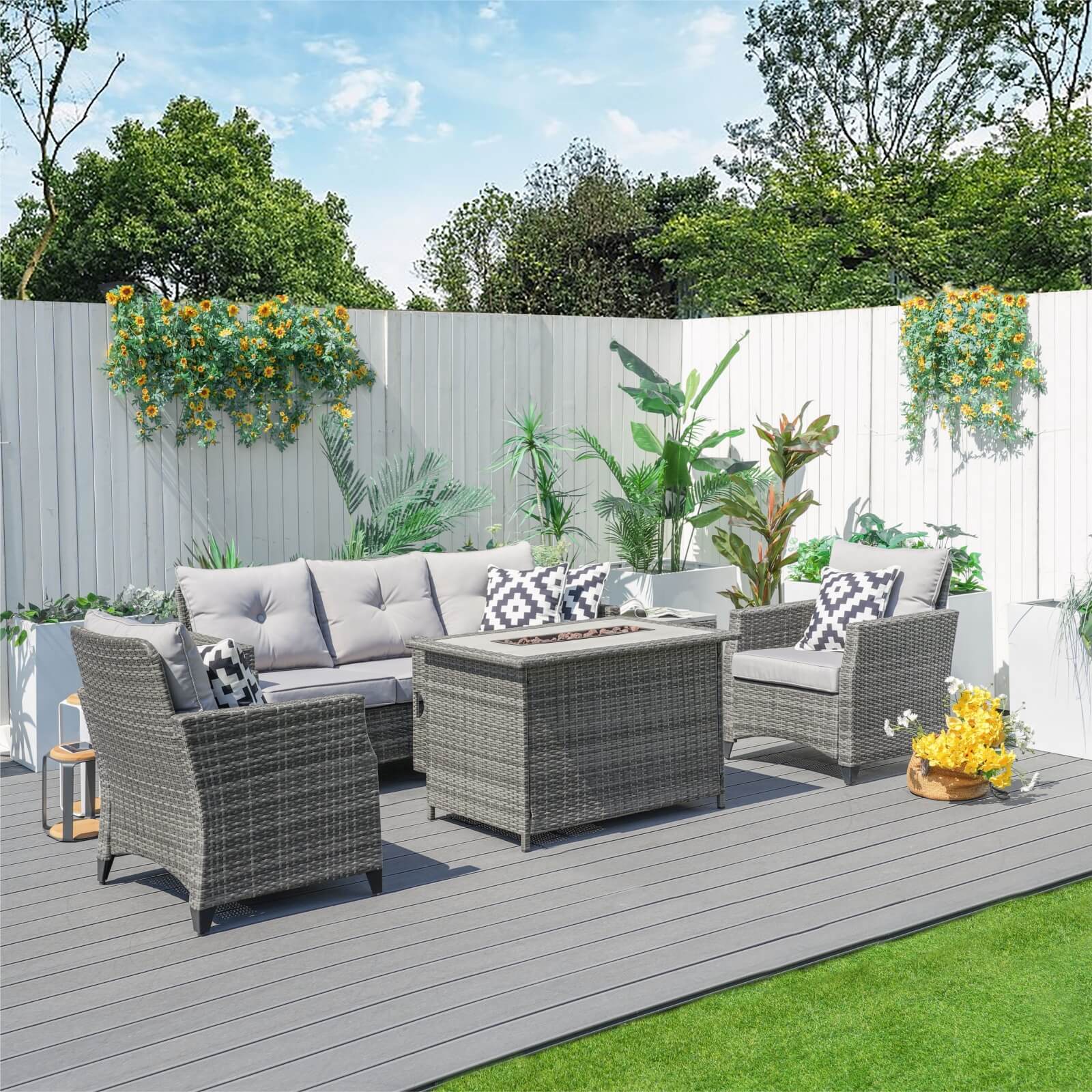 5-Piece Outdoor Fire Pit Patio Set with Gray Sofas and Fire Pit Table(PAF-1802P) - Abrihome