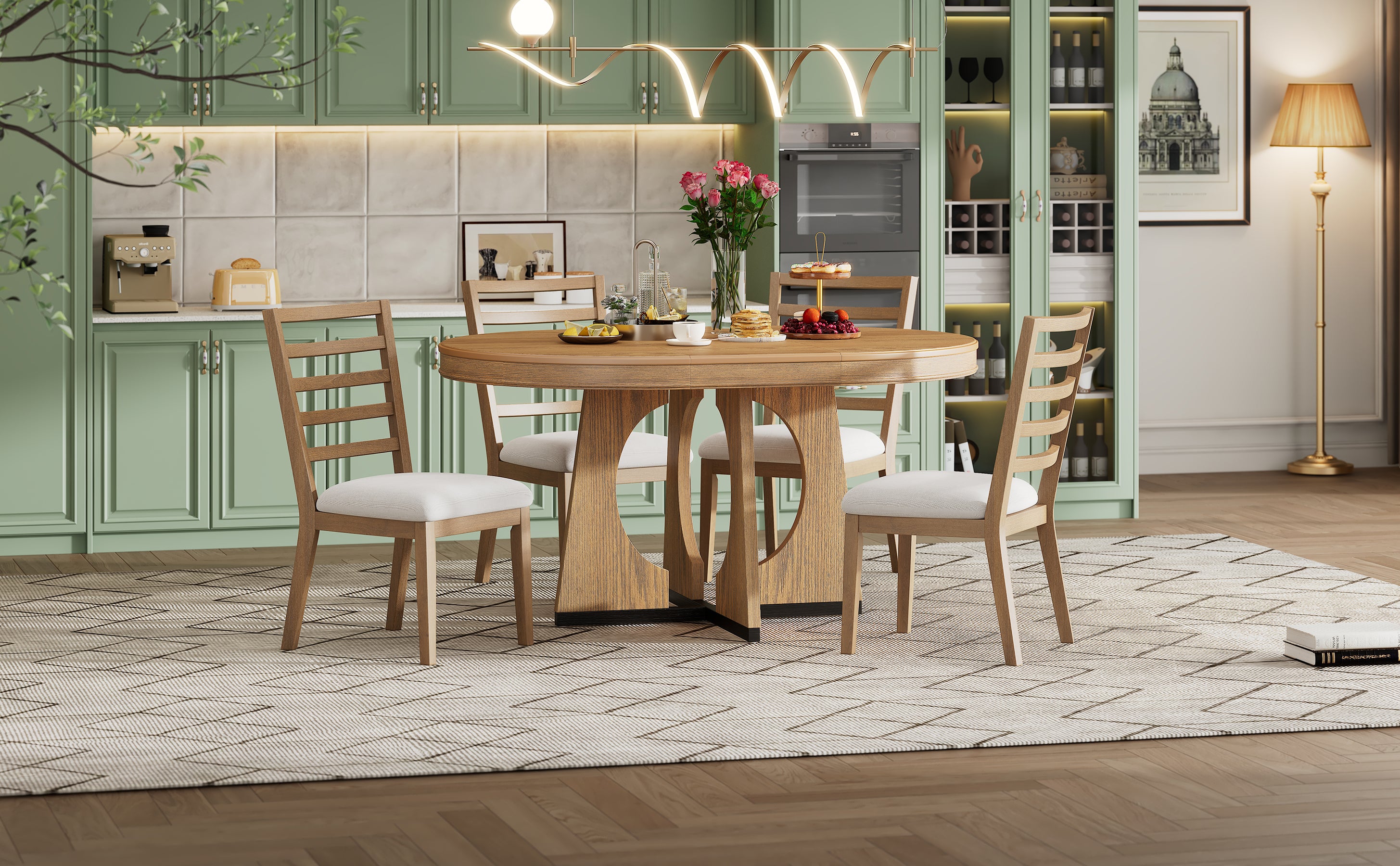 TREXM 5-Piece Retro Rustic Functional Dining Set Unique Geometric Design, 1 Extendable Table with a 16-inch Leaf and 4 Upholstered Chairs Ideal for Dining Room and Kitchen (Natural) - Abrihome