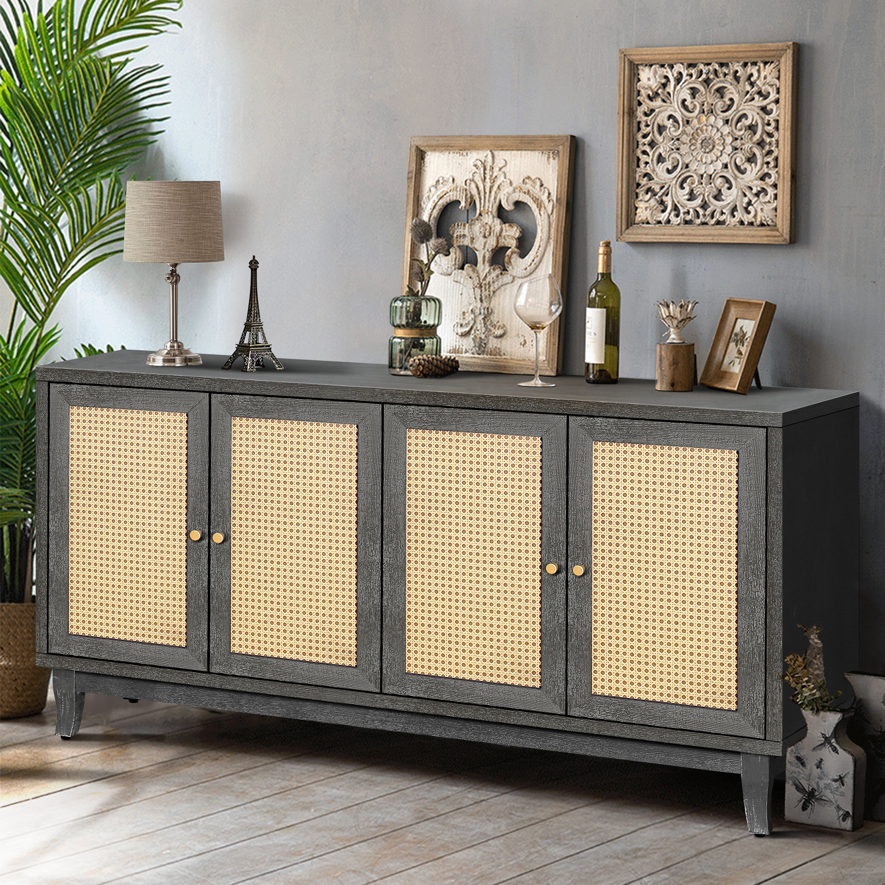 Handcrafted Premium Grain Panels,Rattan Sideboard Buffer Cabinet With 4 Rattan Doors, Modern Storage Cupboard Console Table with Adjustable Shelves for Living Room(Antique Dark Gray) - Abrihome