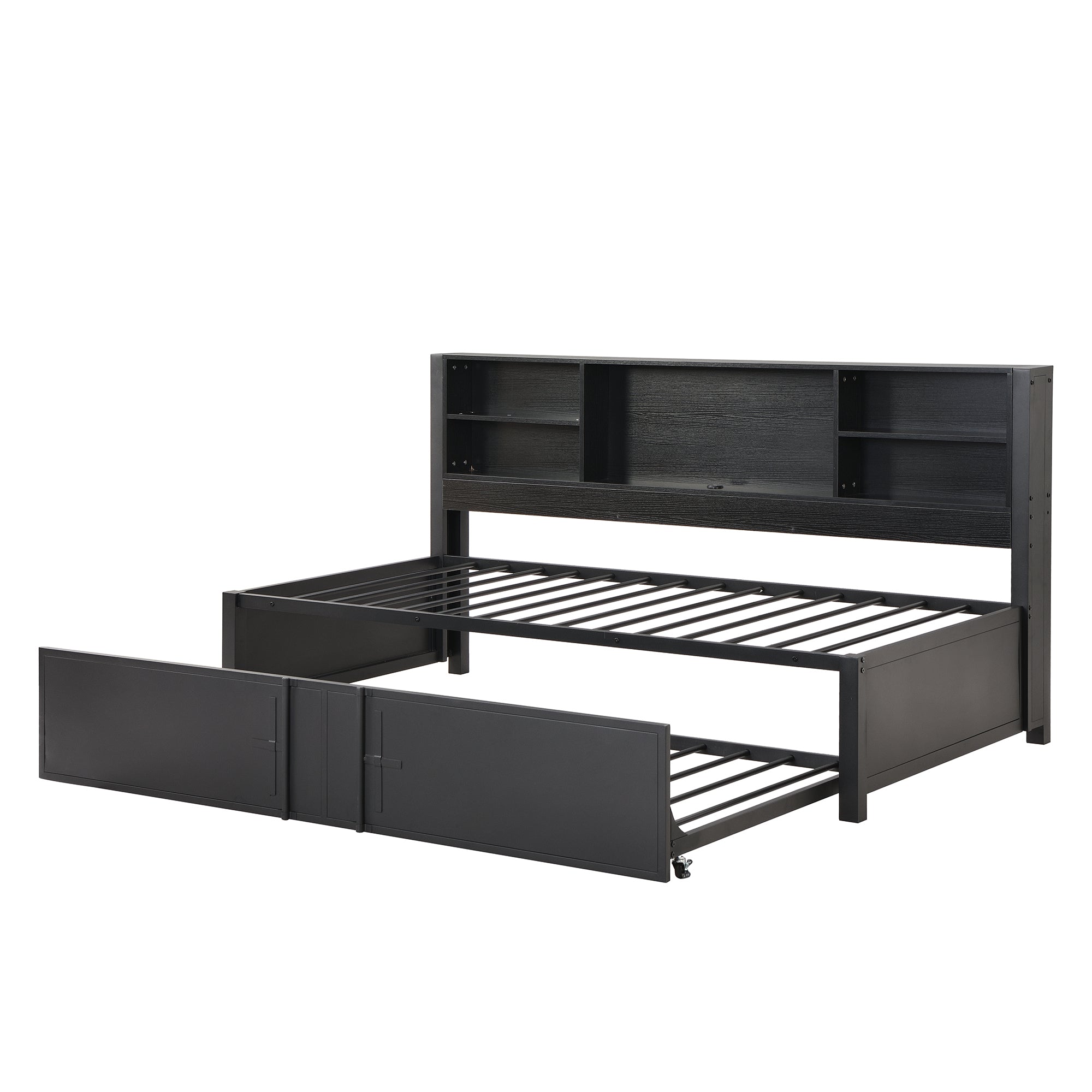 Metal Twin Size Daybed with Twin Size Trundle, Storage Shelves and USB Ports, Black - Abrihome