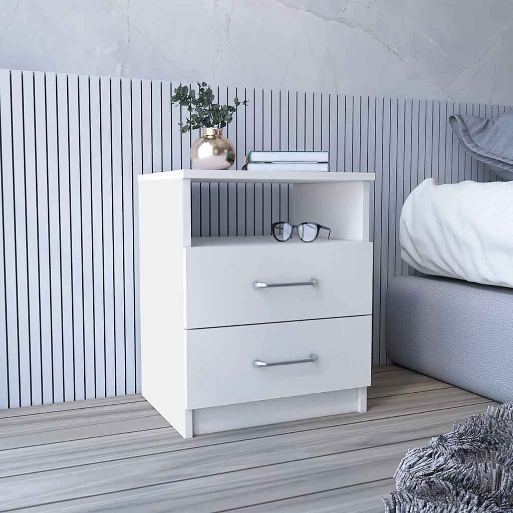 Nightstand Olienza, Two Drawers, One Shelf, White Finish - Abrihome