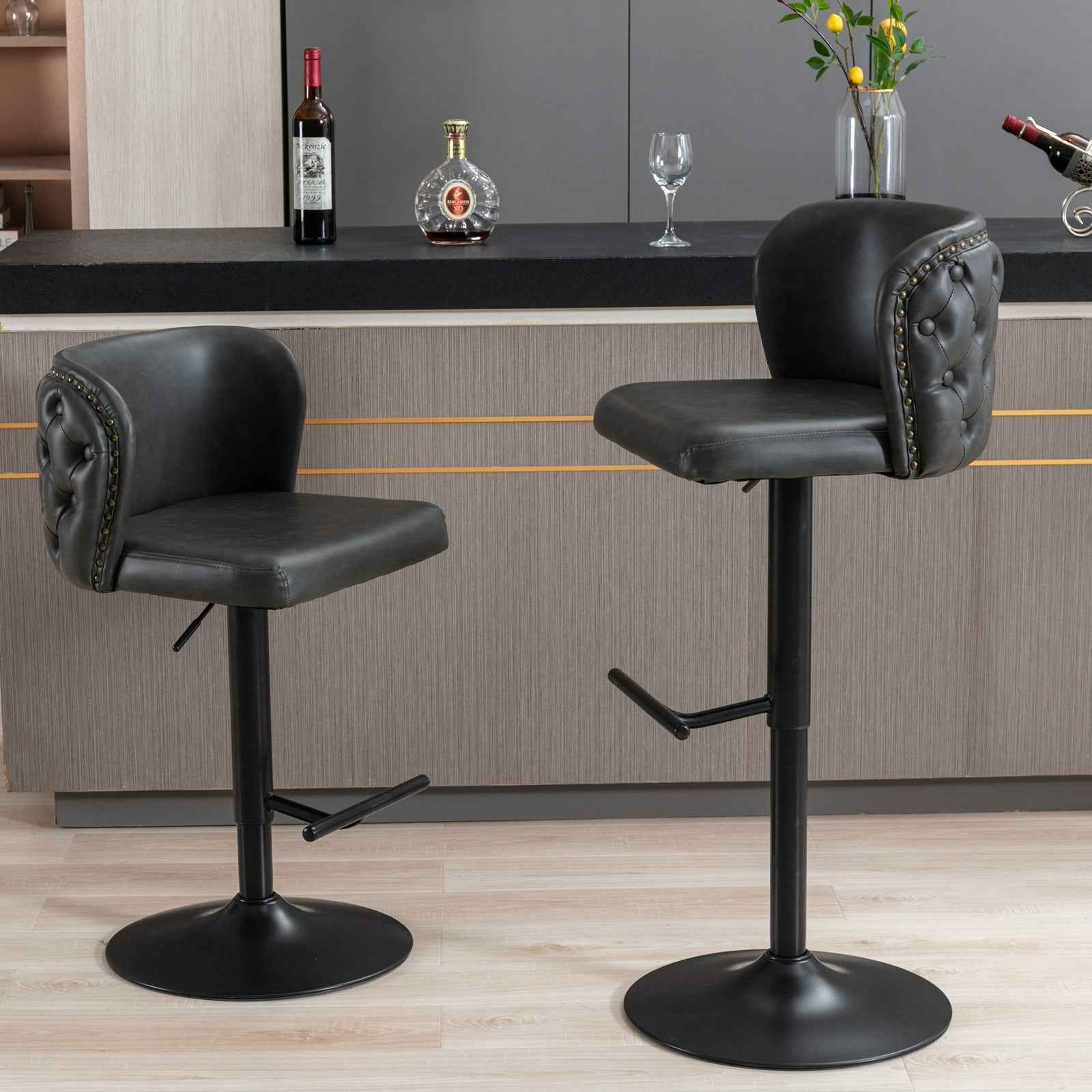 A&A Furniture,Swivel Barstools Adjusatble Seat Height, Modern PU Upholstered Bar Stools with the whole Back Tufted, for Home Pub and Kitchen Island(Dark Gray, Set of 2)