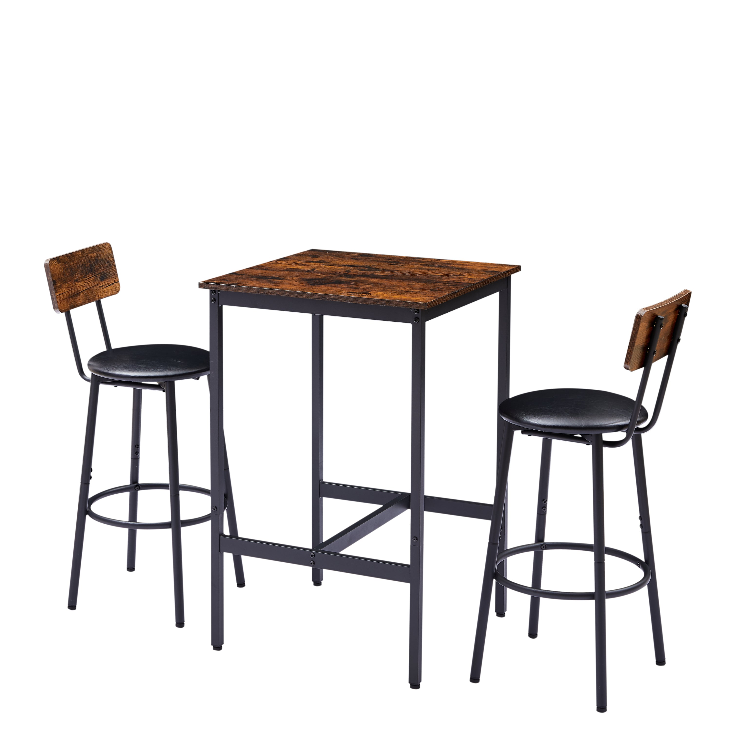 Bar Table Set with 2 Bar stools PU Soft seat with backrest, Rustic Brown, 23.62'' W x 23.62'' D x 35.43'' H - Abrihome