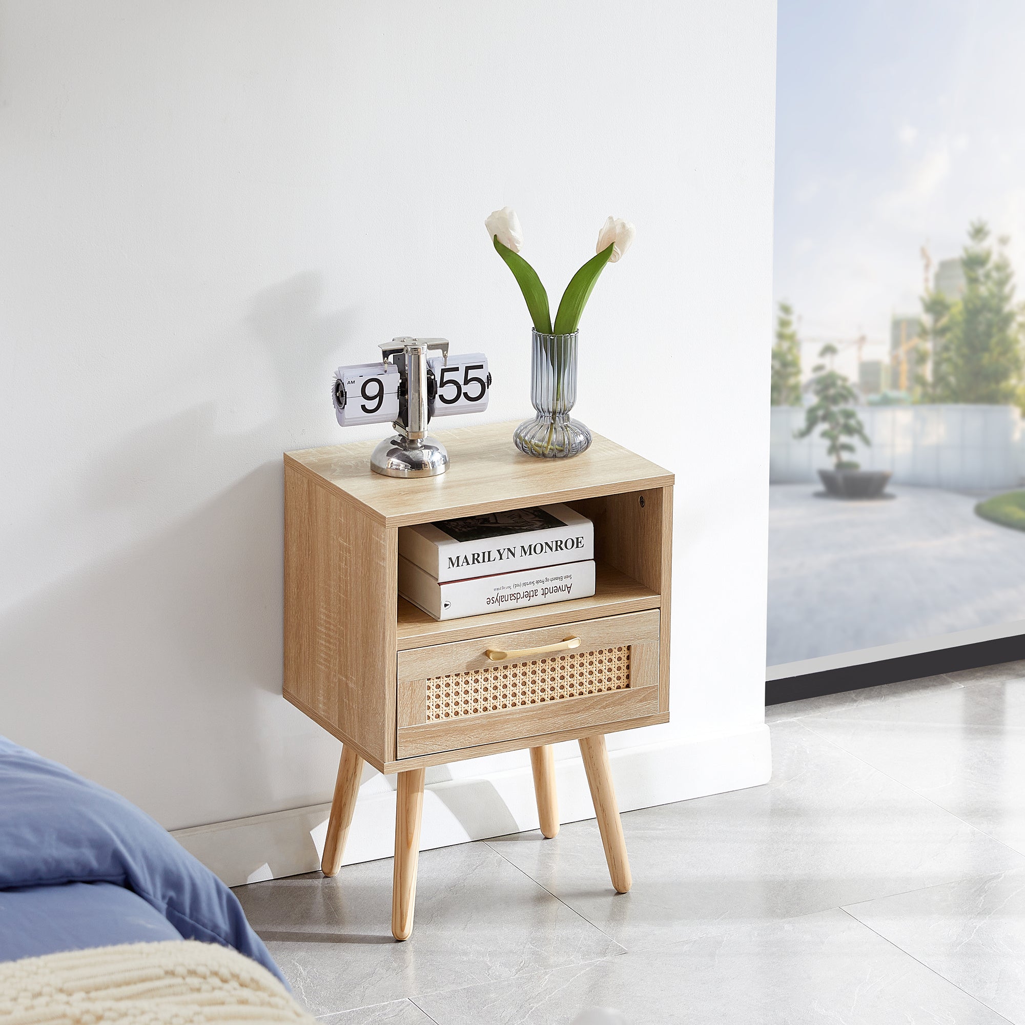 15.75" Rattan End table with drawer and solid wood legs, Modern nightstand, side table for living room, bedroom,natural - Abrihome