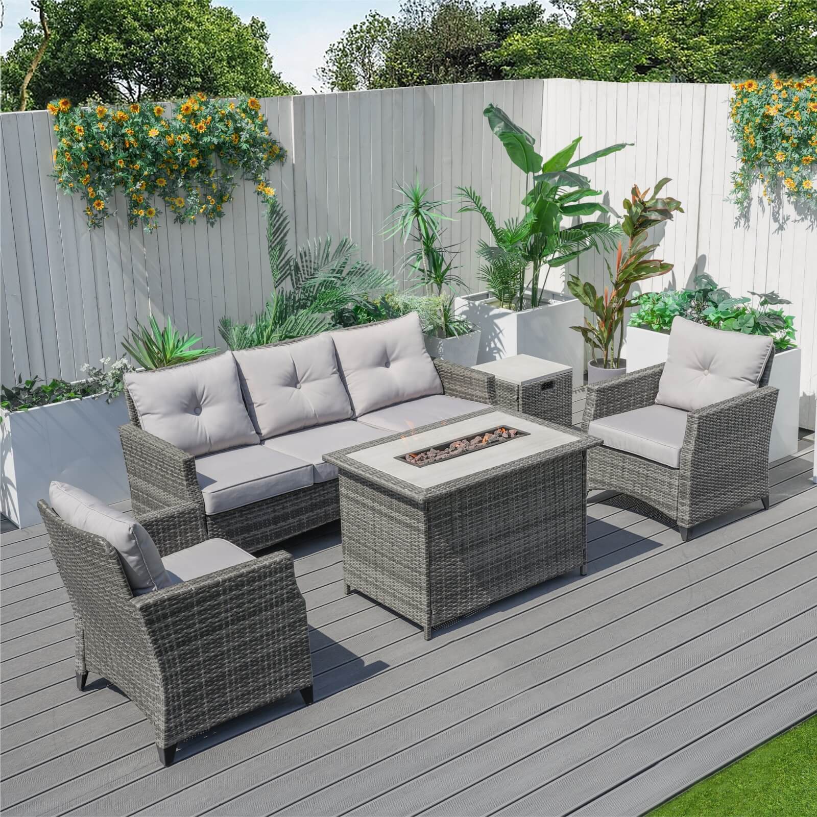 5-Piece Outdoor Fire Pit Patio Set with Gray Sofas and Fire Pit Table(PAF-1802P) - Abrihome