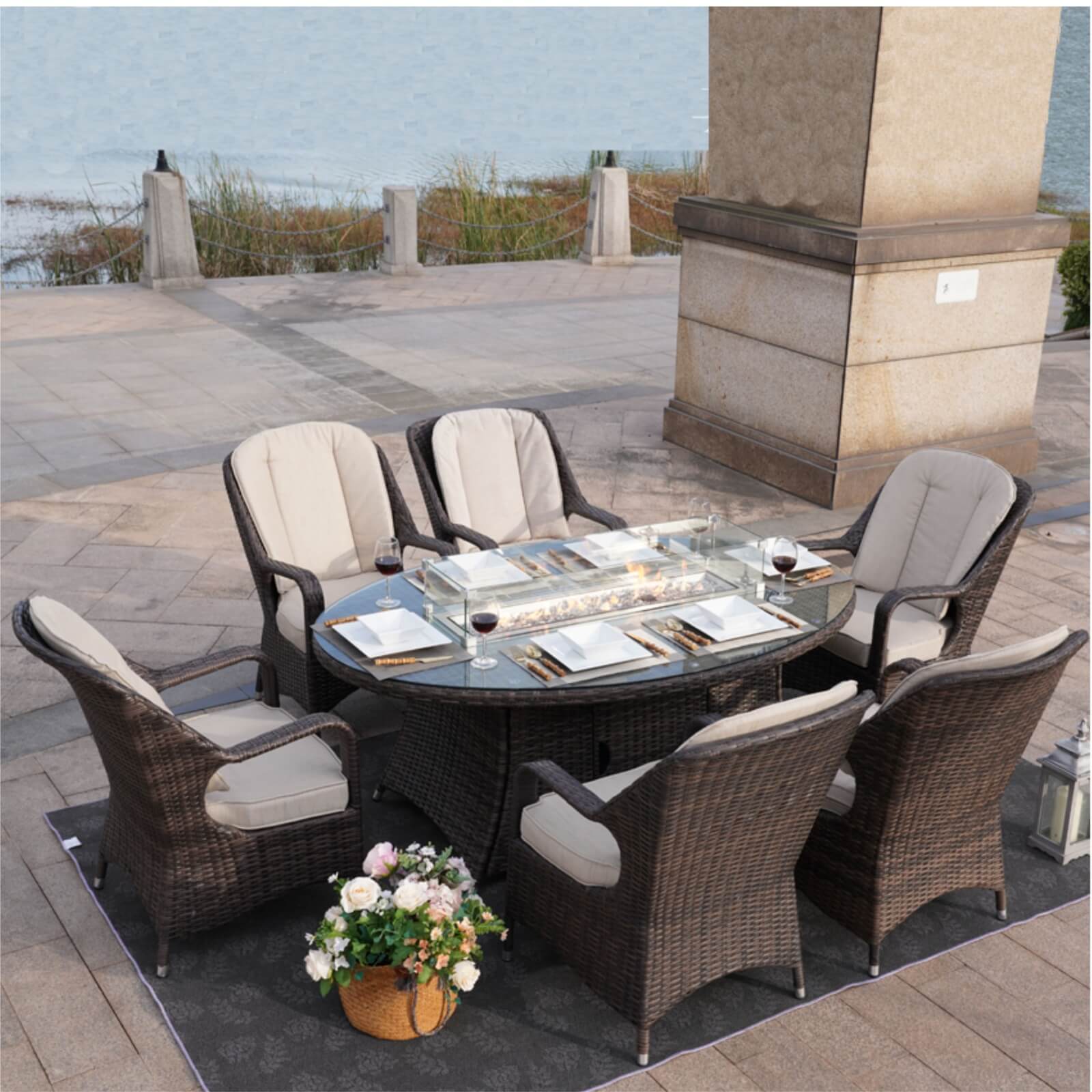 6-Seat Brown Outdoor Fire Pit Dining Set with Oval Gas Fire Pit Table(PAG-1106O-SET) - Abrihome