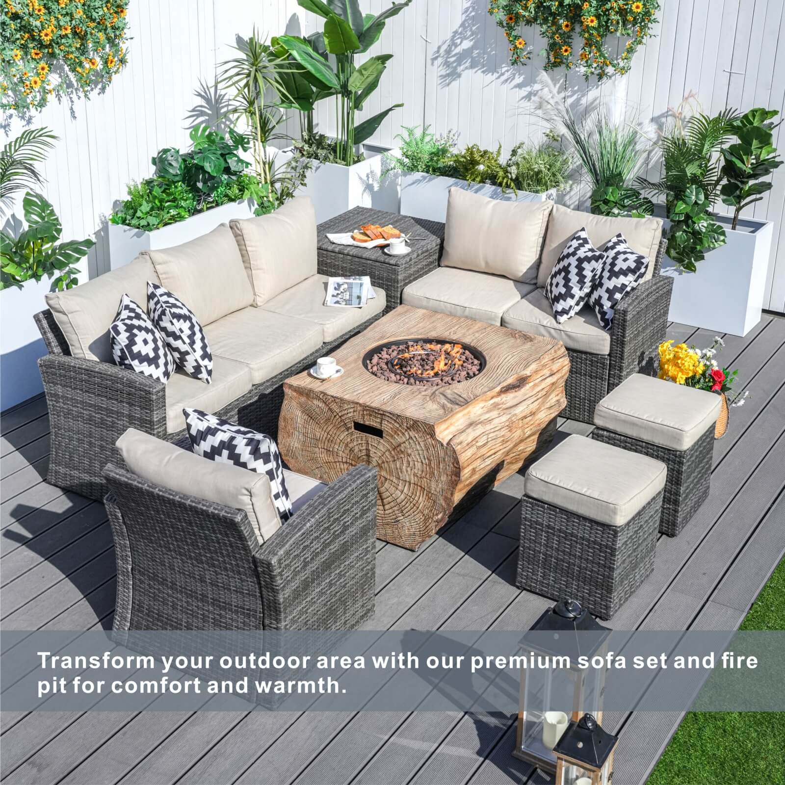 7-Piece Outdoor Fire Pit Set with TerraFlame Rectangle Table(PAG-1403B+2170) - Abrihome