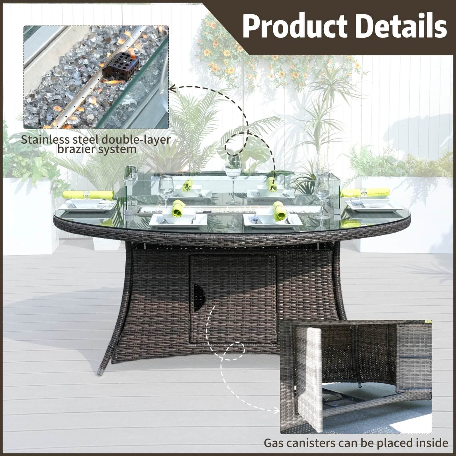 6-Seat Brown Outdoor Fire Pit Dining Set with Oval Gas Fire Pit Table(PAG-1106O-SET) - Abrihome