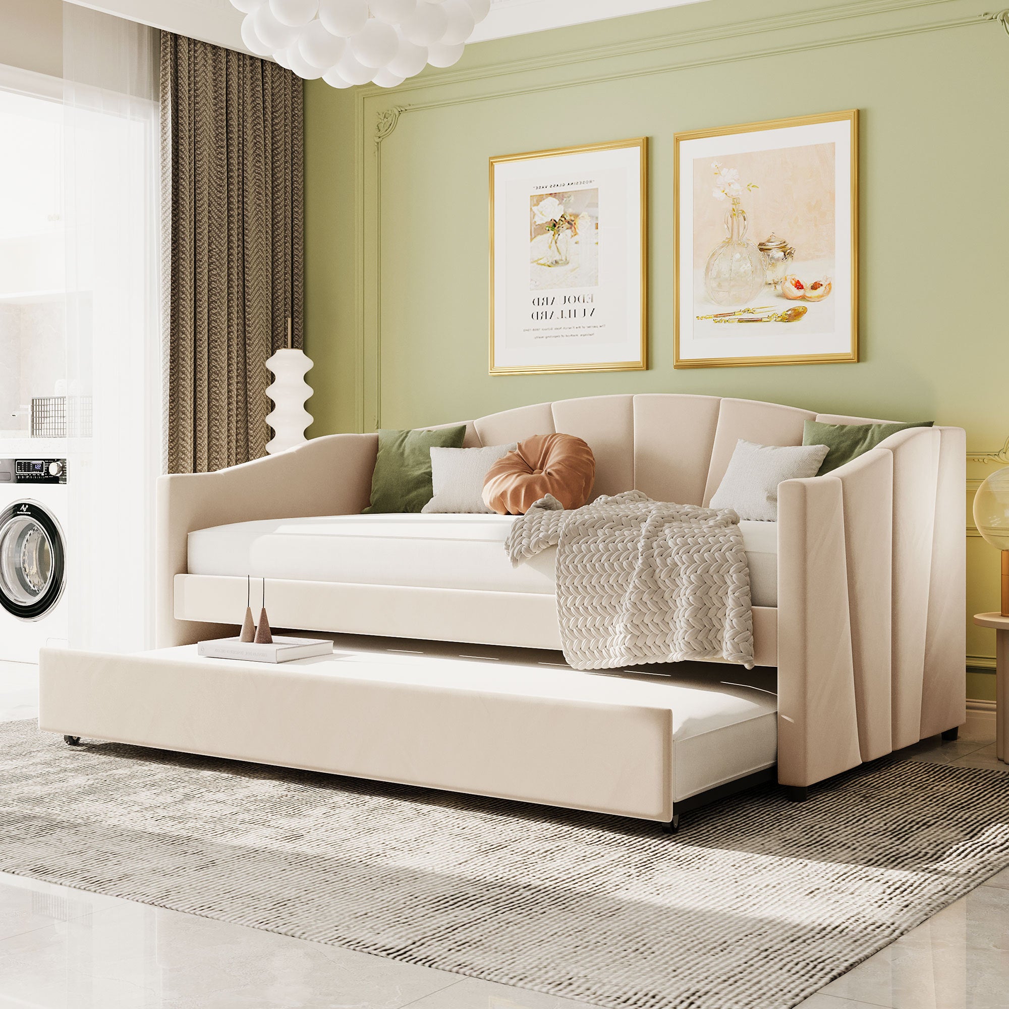 Upholstered Daybed Sofa Bed Twin Size With Trundle Bed and Wood Slat ,Beige - Abrihome