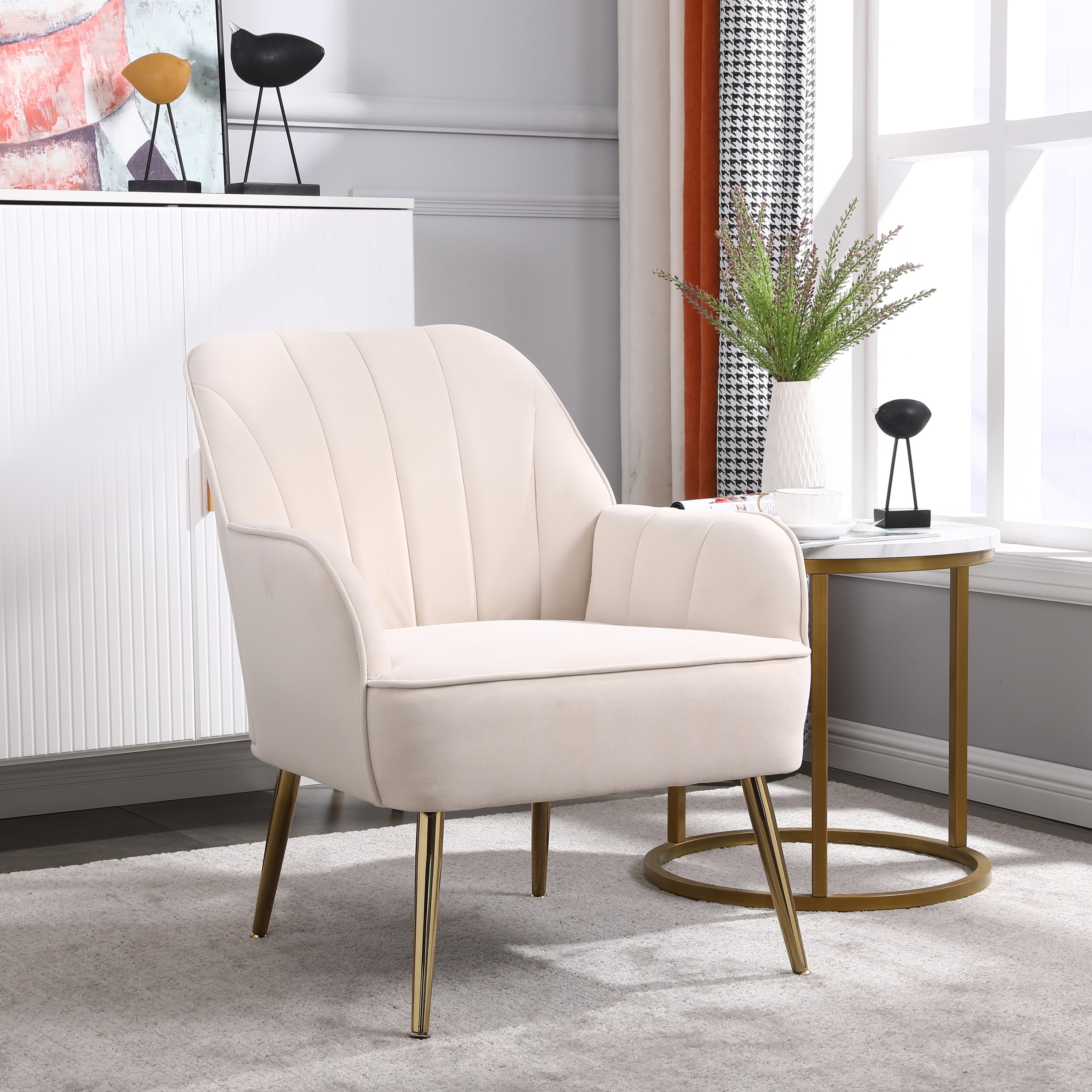 Modern Mid Century Chair velvet Sherpa Armchair for Living Room Bedroom Office Easy Assemble(BEIGE) - Abrihome