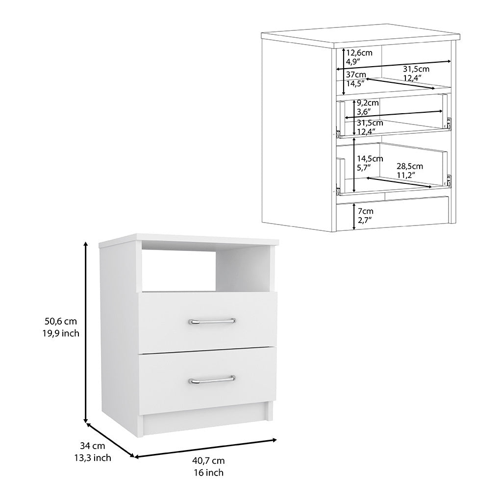 Nightstand Olienza, Two Drawers, One Shelf, White Finish - Abrihome