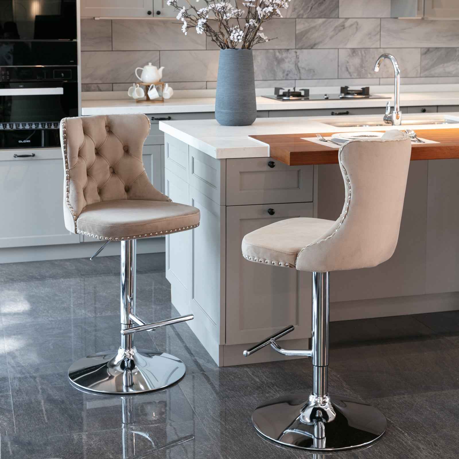 A&A Furniture,Swivel Velvet Barstools Adjusatble Seat Height from 25-33 Inch, Modern Upholstered Chrome base Bar Stools with Backs Comfortable Tufted for Home Pub and Kitchen Island(Khaki,Set of 2)
