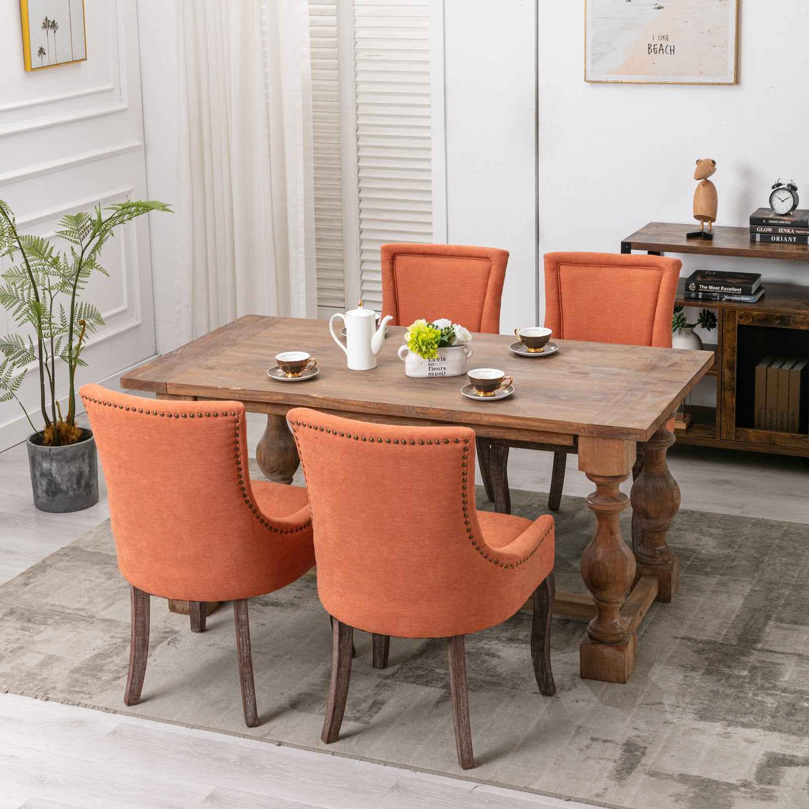 A&A Furniture,Ultra Side Dining Chair,Thickened fabric chairs with neutrally toned solid wood legs, Bronze nail head,Set of 2,Orange